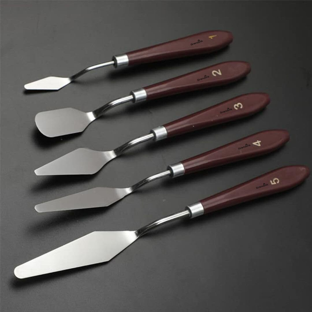 Vinigo Stainless Steel Metal Spatula Pallet Knives For Painting | Durable & Flexible 5 Pieces With Wooden Handle For Color Mixing, Scrapping & Spreading, Oil Painting & Acrylic Painting (5 Pieces)