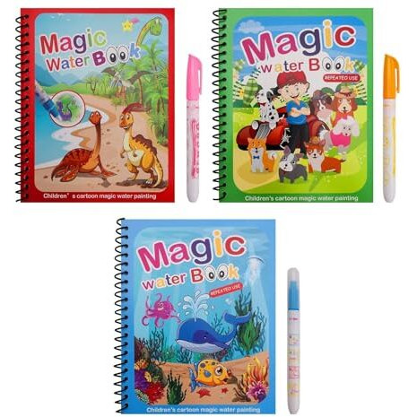 Glun Water Magic Book, 3 Different Water Magic Book Theme, Reusable With Reusable Marker Books For Kids