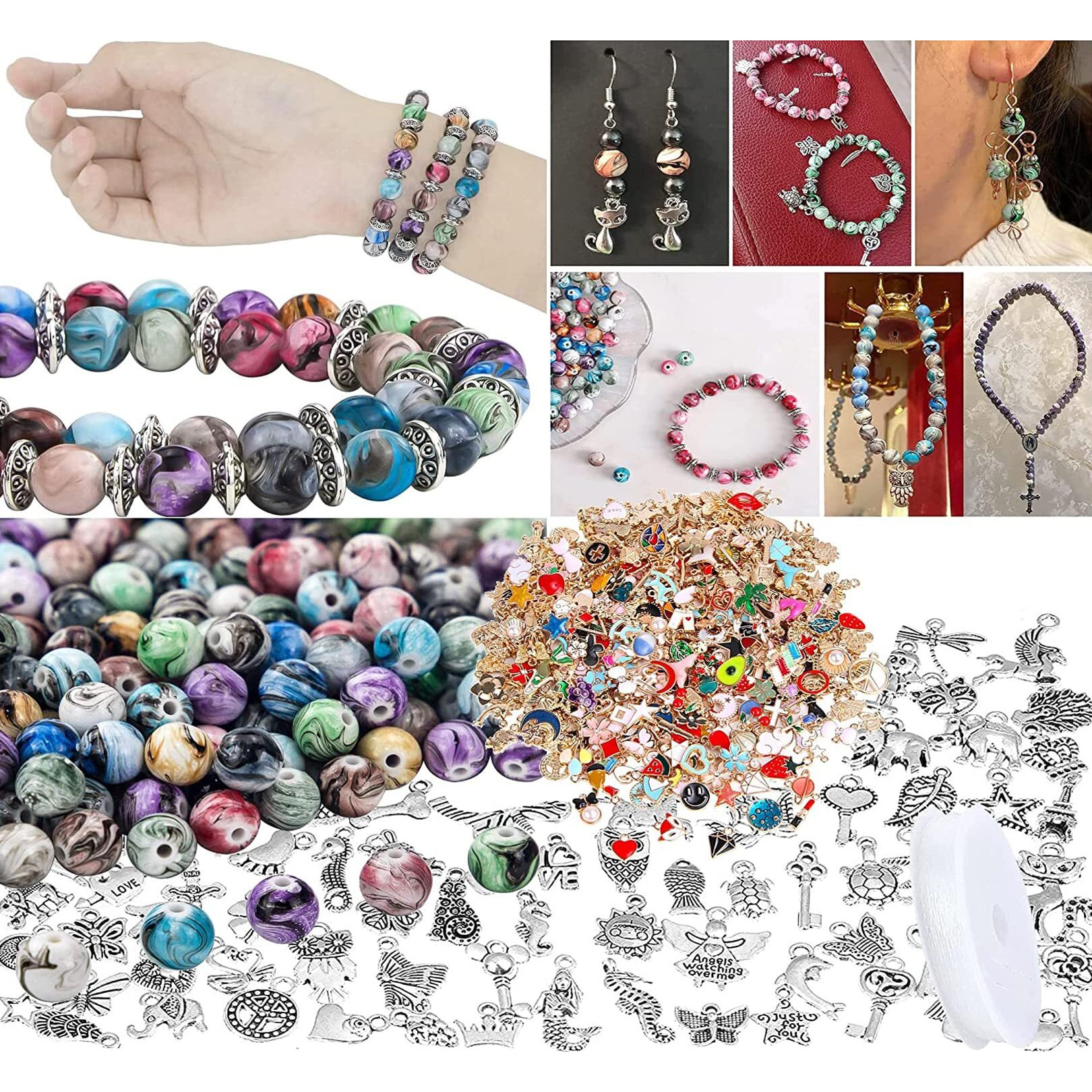 Diy Crafts 1 Set, Multi Color, 1 Set Contain  5X Tibetan Charms 5X Multi Charms 10X Space Acrylic Beads Ink Patterns 1X Crystal String 25X Beads 4-8Mm, For Bracelets Necklac (1 Set, Multi Color)