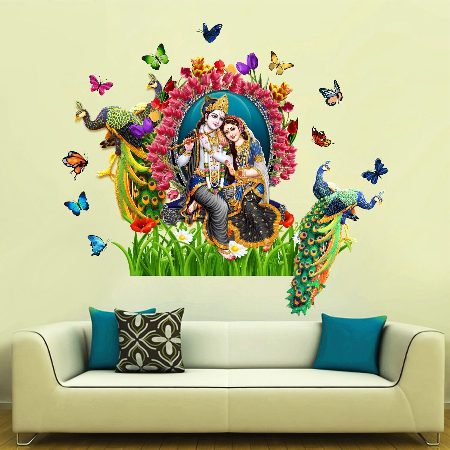 Sticker Yard Radha Krishna Butterfly Peacock Wall Decor For Kids Room, Hall, Kitchen, Living Room, Bedroom - Vinyl Multicolor (Standard Size 84X76Cm)