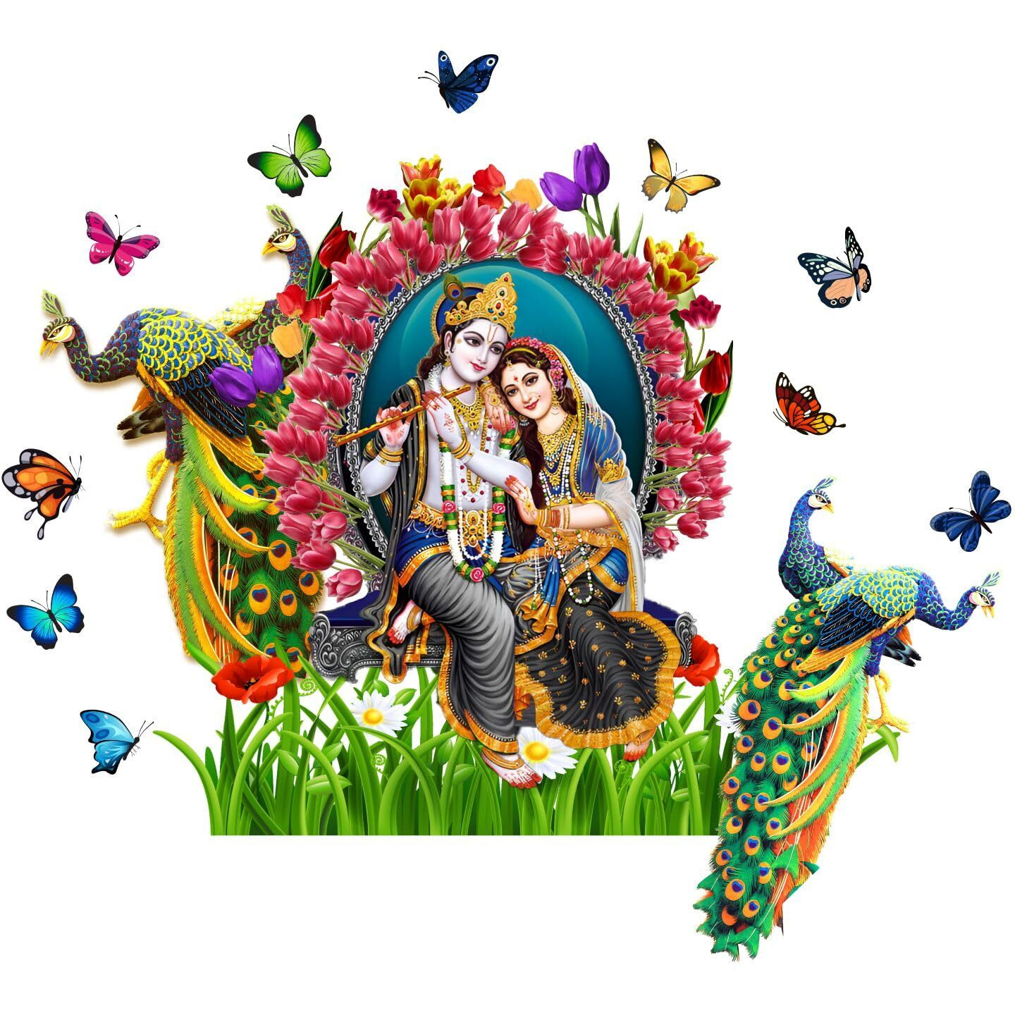 Sticker Yard Radha Krishna Butterfly Peacock Wall Decor For Kids Room, Hall, Kitchen, Living Room, Bedroom - Vinyl Multicolor (Standard Size 84X76Cm)