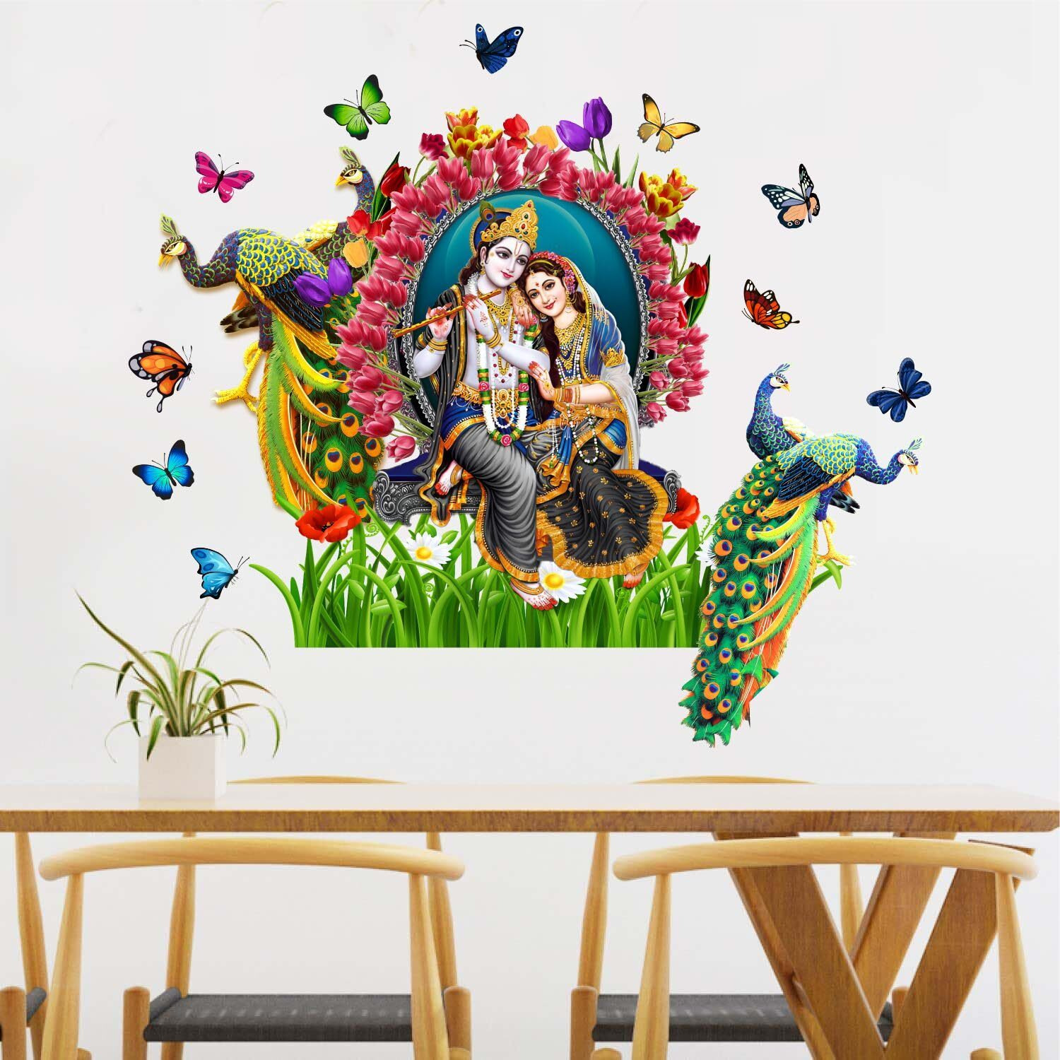 Sticker Yard Radha Krishna Butterfly Peacock Wall Decor For Kids Room, Hall, Kitchen, Living Room, Bedroom - Vinyl Multicolor (Standard Size 84X76Cm)