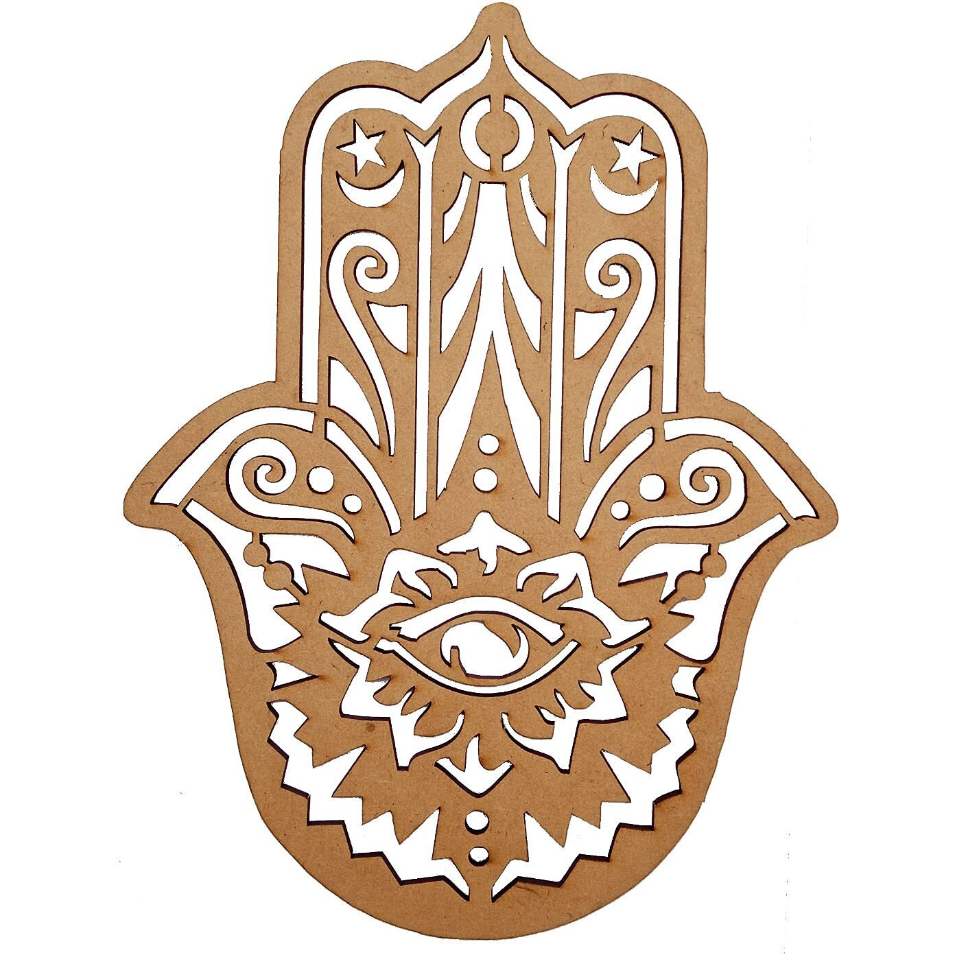 Purpledip Wooden Laser Cut Wall Hanging Hamsa, Hand Of Fatima, Unfinished (12387)