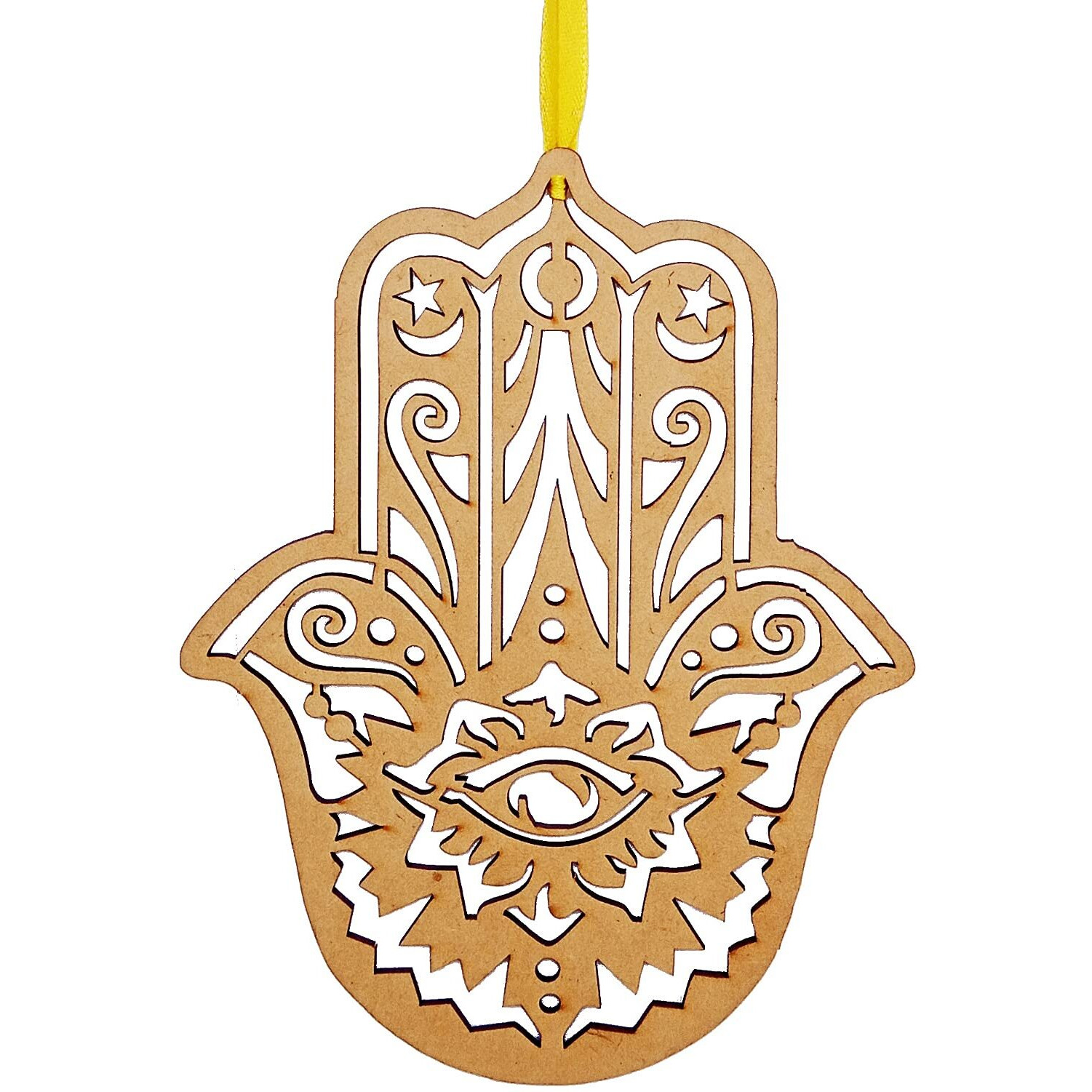 Purpledip Wooden Laser Cut Wall Hanging Hamsa, Hand Of Fatima, Unfinished (12387)