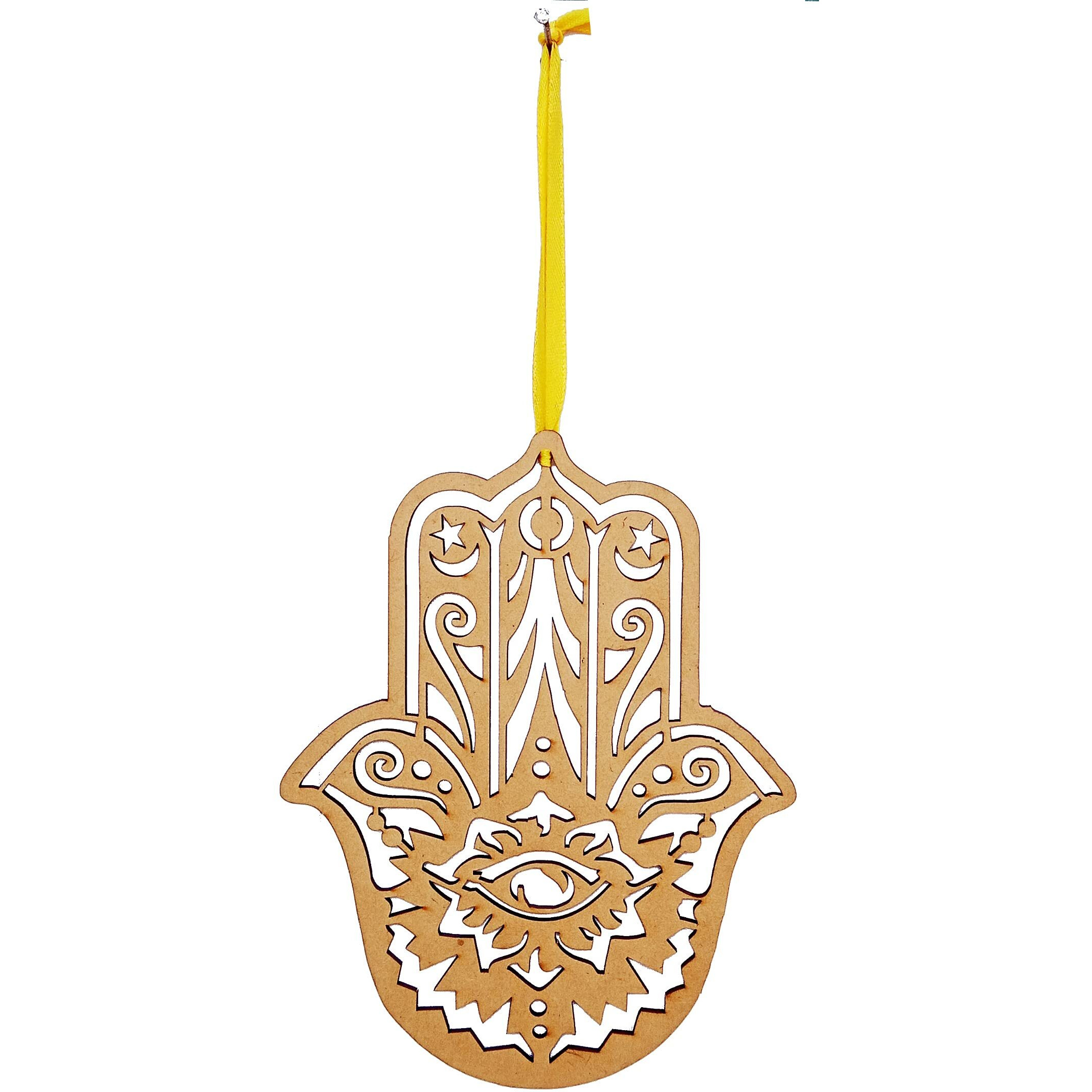 Purpledip Wooden Laser Cut Wall Hanging Hamsa, Hand Of Fatima, Unfinished (12387)