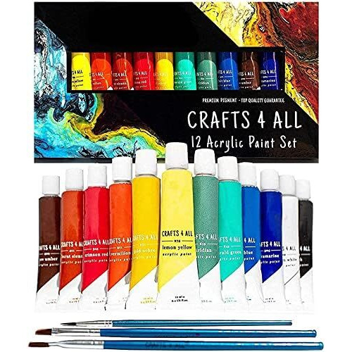 Crafts 4 All Acrylic Paint Set For Kids And Adults - 12 Pack Of 12 Ml Craft Paint Colors For Wood, Canvas, Fabric And Ceramics W/ 3 Different Sized Brushes - Art Supplies, Multi
