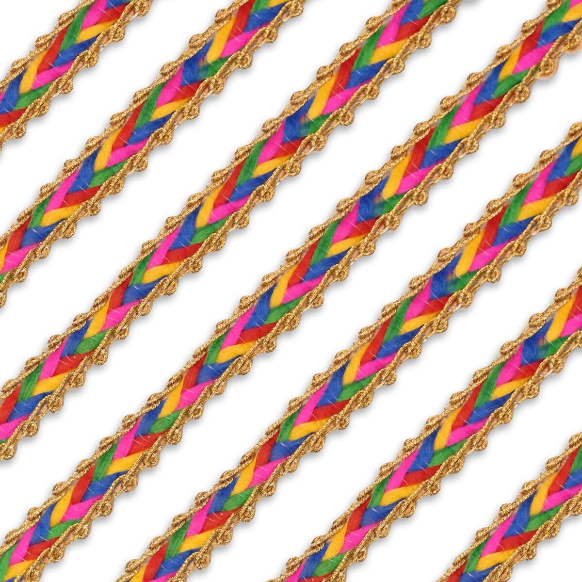 Embroiderymaterial 1Cm Wide Colorful Braided Threads With Golden Zari Laces And Borders Material For Suits, Sarees, Lehenga, Dupatta, Craft, Sewing, Blouse, Designing (2 Rolls, 16 Meters/Roll)