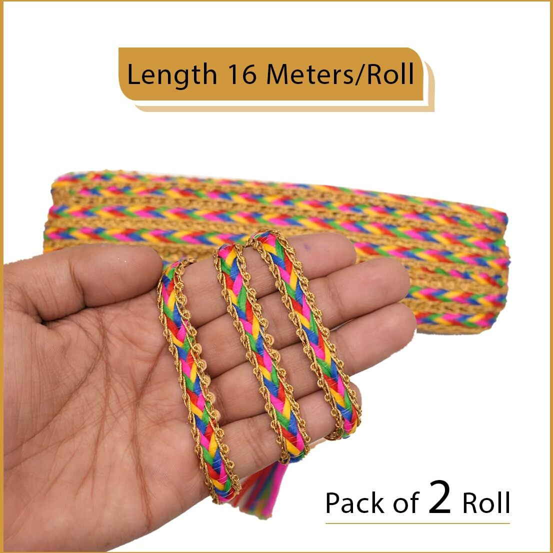 Embroiderymaterial 1Cm Wide Colorful Braided Threads With Golden Zari Laces And Borders Material For Suits, Sarees, Lehenga, Dupatta, Craft, Sewing, Blouse, Designing (2 Rolls, 16 Meters/Roll)