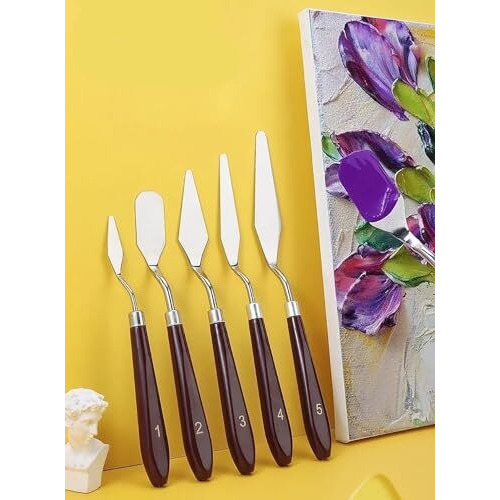 Glun Set Of 5 Palette Knives For Painting, Various Size & Shape, Stainless Steel Spatula, Brown Number Polished Handle For Artist Canvas Oil Paint Color