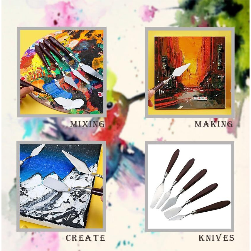 Glun Set Of 5 Palette Knives For Painting, Various Size & Shape, Stainless Steel Spatula, Brown Number Polished Handle For Artist Canvas Oil Paint Color