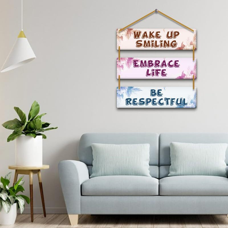 Yey Wooden Wall Hanging For Home Decor | Office | Living Room | Bedroom | Quotes Decorative Items (3 Piece Wall Hanging, Multicolor) (Wake Up Smiling)