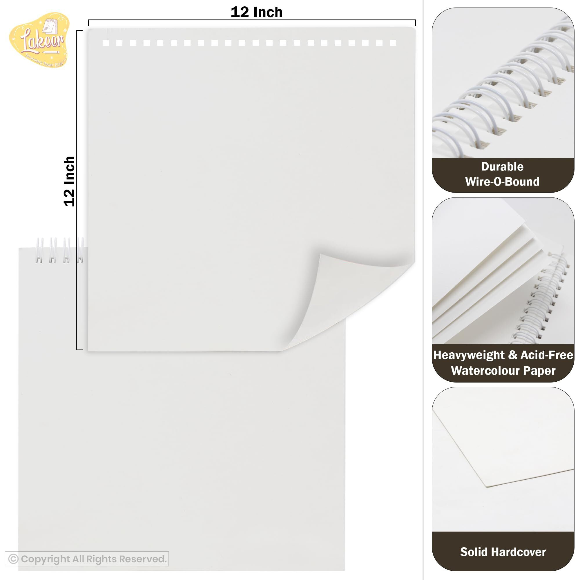 Lakeer Watercolor Wire-O Sketchbook - 12X12 Inch | Cold-Pressed Watercolor Paper With Cotton-25 Sheets (50 Pages), 250 Gsm | Mixed Media, For Artist-(Acid Free)