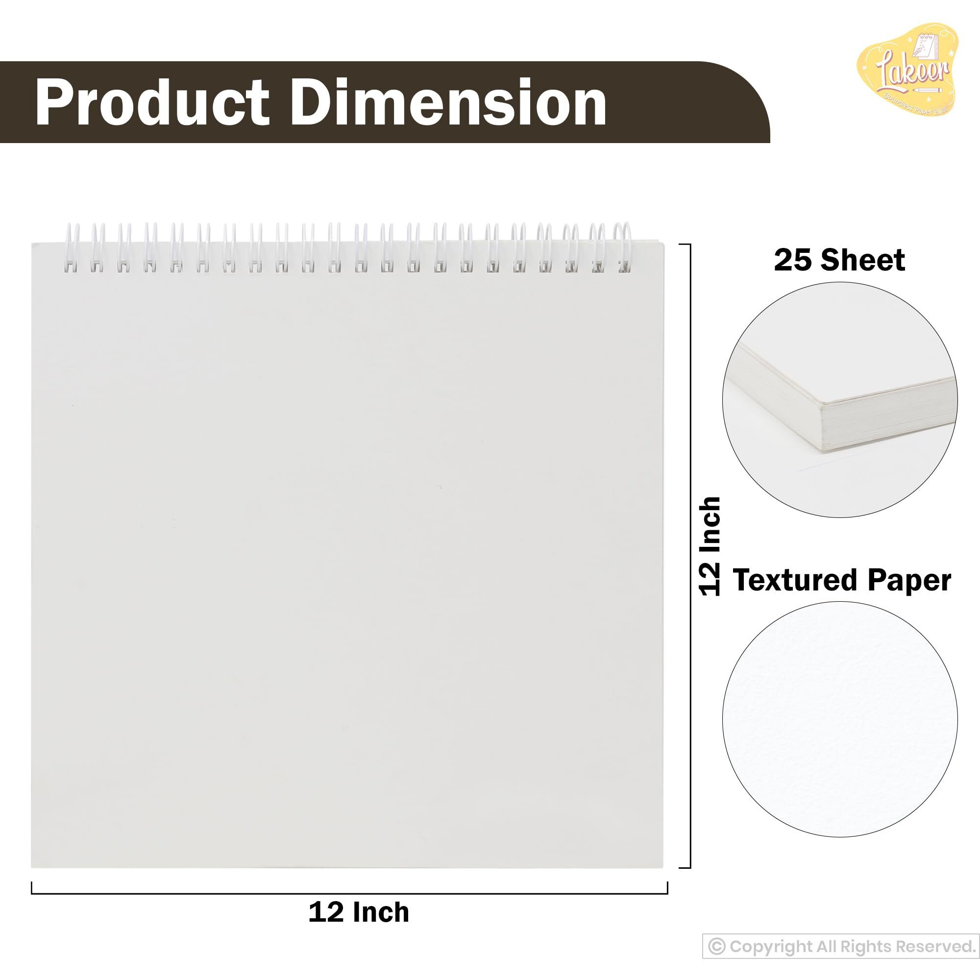 Lakeer Watercolor Wire-O Sketchbook - 12X12 Inch | Cold-Pressed Watercolor Paper With Cotton-25 Sheets (50 Pages), 250 Gsm | Mixed Media, For Artist-(Acid Free)