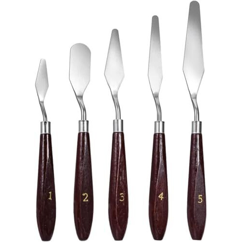 Eclet Palette Painting Knives - Set Of 5 Various Sizes & Shapes, Stainless Steel Scraper Spatula With Polished Brown Handle For Artist Canvas Oil Paint Mixing Colour(E)