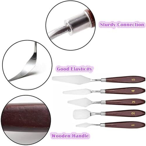 Eclet Palette Painting Knives - Set Of 5 Various Sizes & Shapes, Stainless Steel Scraper Spatula With Polished Brown Handle For Artist Canvas Oil Paint Mixing Colour(E)