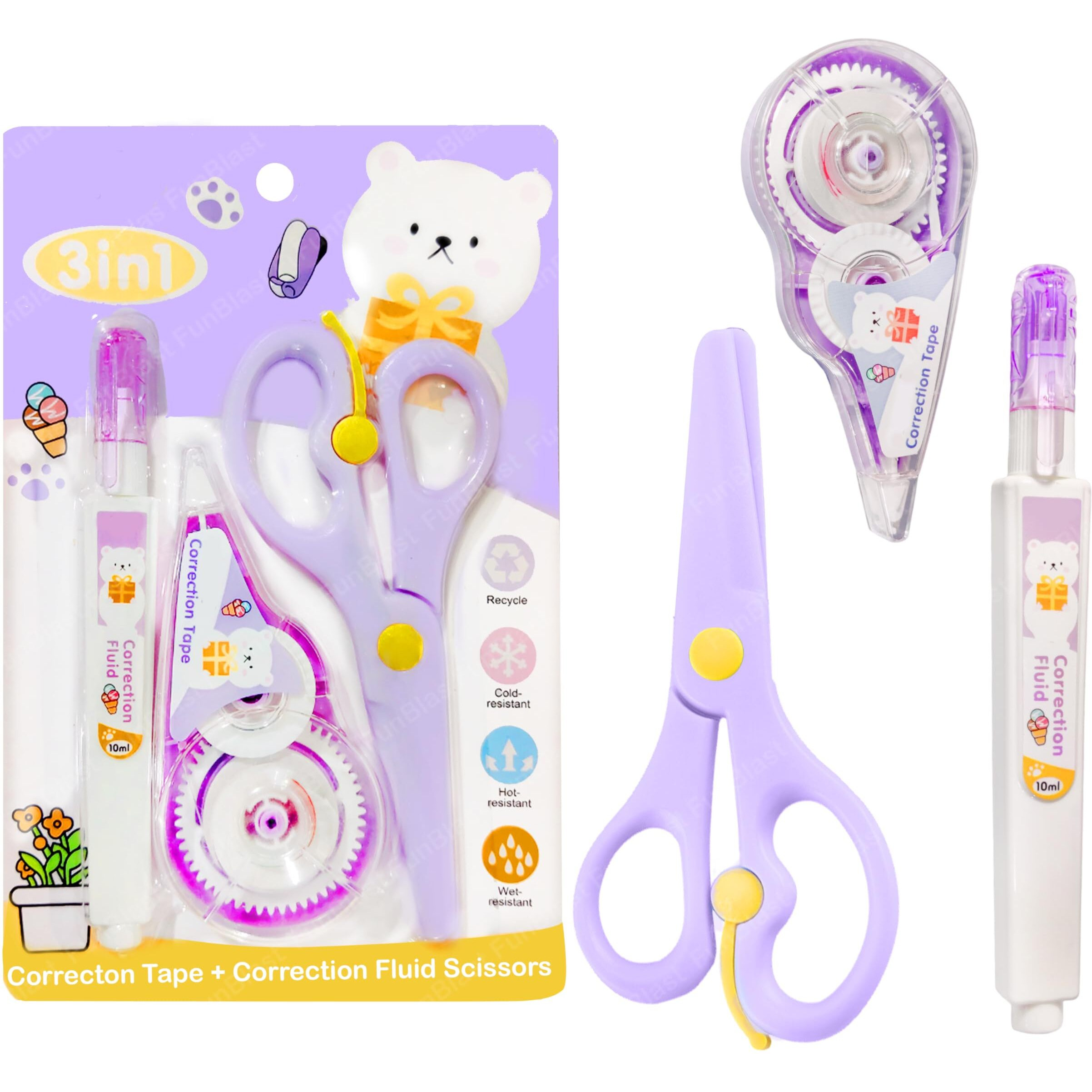 Funblast Correction Tape - Pack Of 1 Pcs Correction Tape With Fluid And Scissor, Correction Pen 30 Meter X 5 Mm, For Journal, Whitener For Correction, Stationary Items, Correction Pen Tape (Purple)