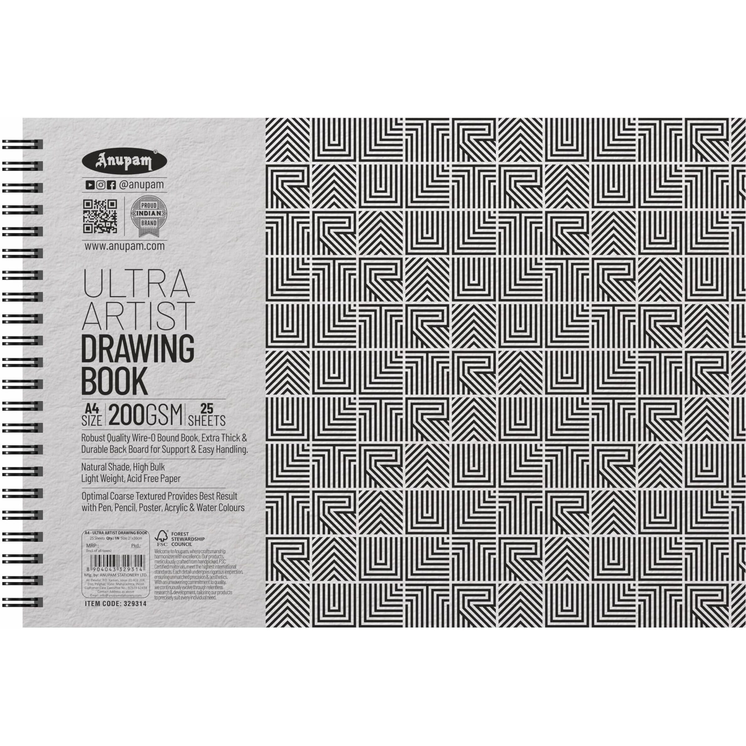 Anupam Ultra Artist Book A4 | Wiro Binding Sketch Book | Durable Acid Free Cartridge Paper 200Gsm (25 Sheets, 50 Pages) | Ideal For Kids, Beginners, Artists & Professionals