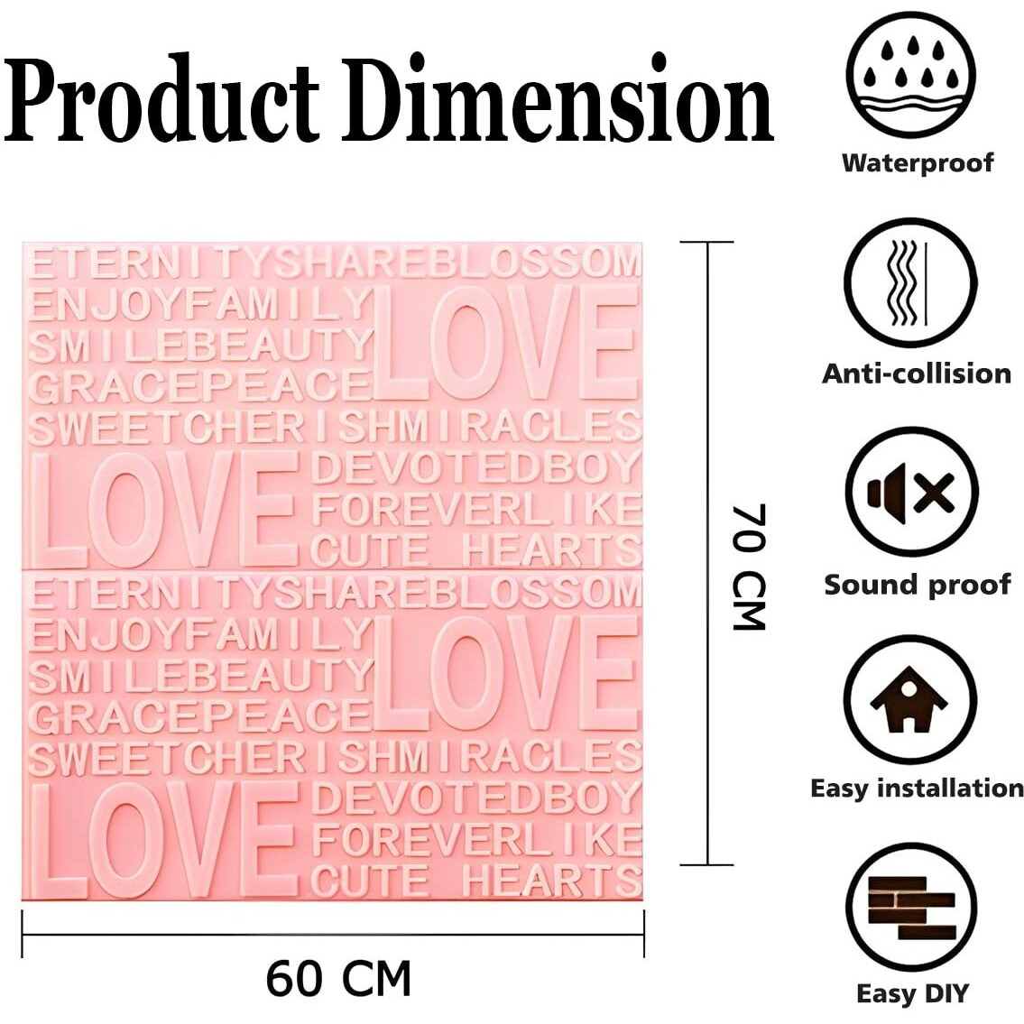 Tlismi Self Adhesive Pe Foam 3D English Letter Pattern Styled Trendy Waterproof Love Wall Sticker For Home Decoration, (70Cm X 60Cm, Approx. 4.52 Square Feet Each) Pack Of 1 (Pink)