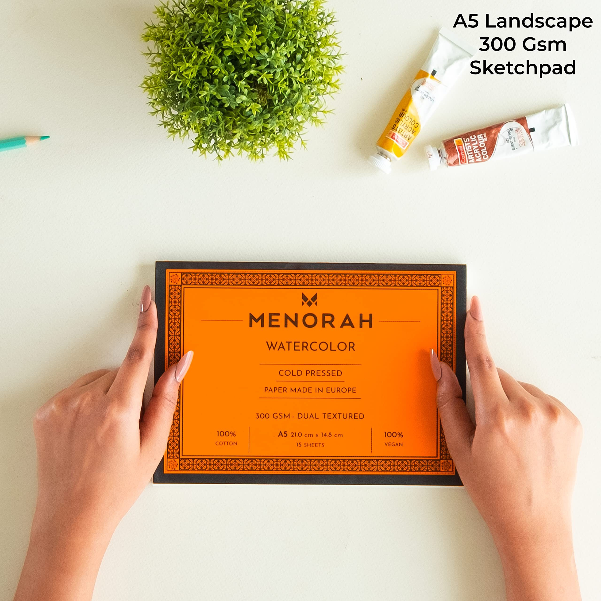 Menorah  A5  100% Cotton Watercolor Sketchbook  300 Gsm- Water Color Paper Loose Sheets (14.8 Cm X 21.0 Cm)- (15 Sheets / 30 Pages)- Watercolour Artist Sketchbook- Glued End Pad