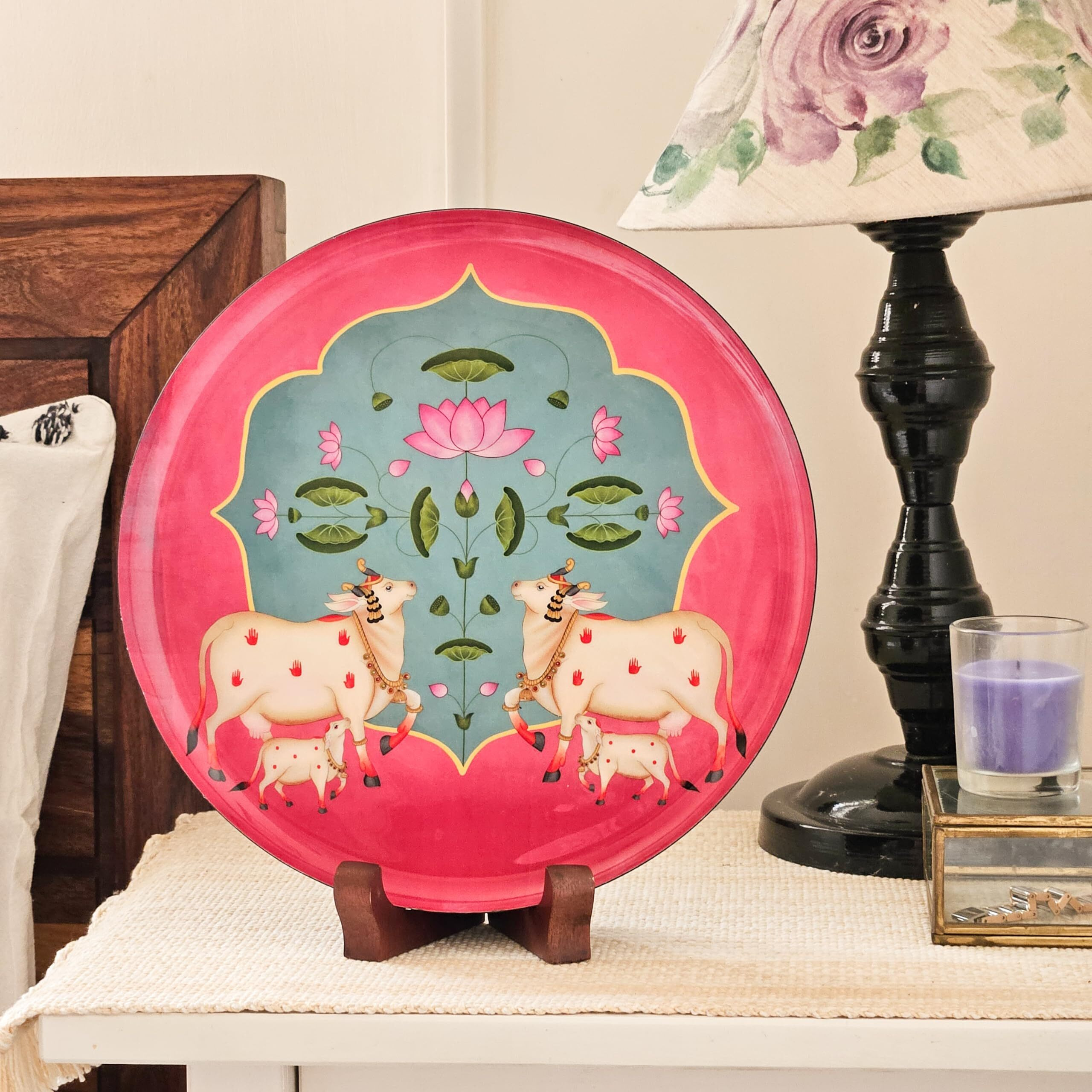 Ritualistic Pichwai Single Wall Plate 10 Inch With Stand | Wall Arts For Home Decoration, Living Room, Bedroom, Office Decor | Aesthetic Room Decor Items | Wall Hanging Show Pieces