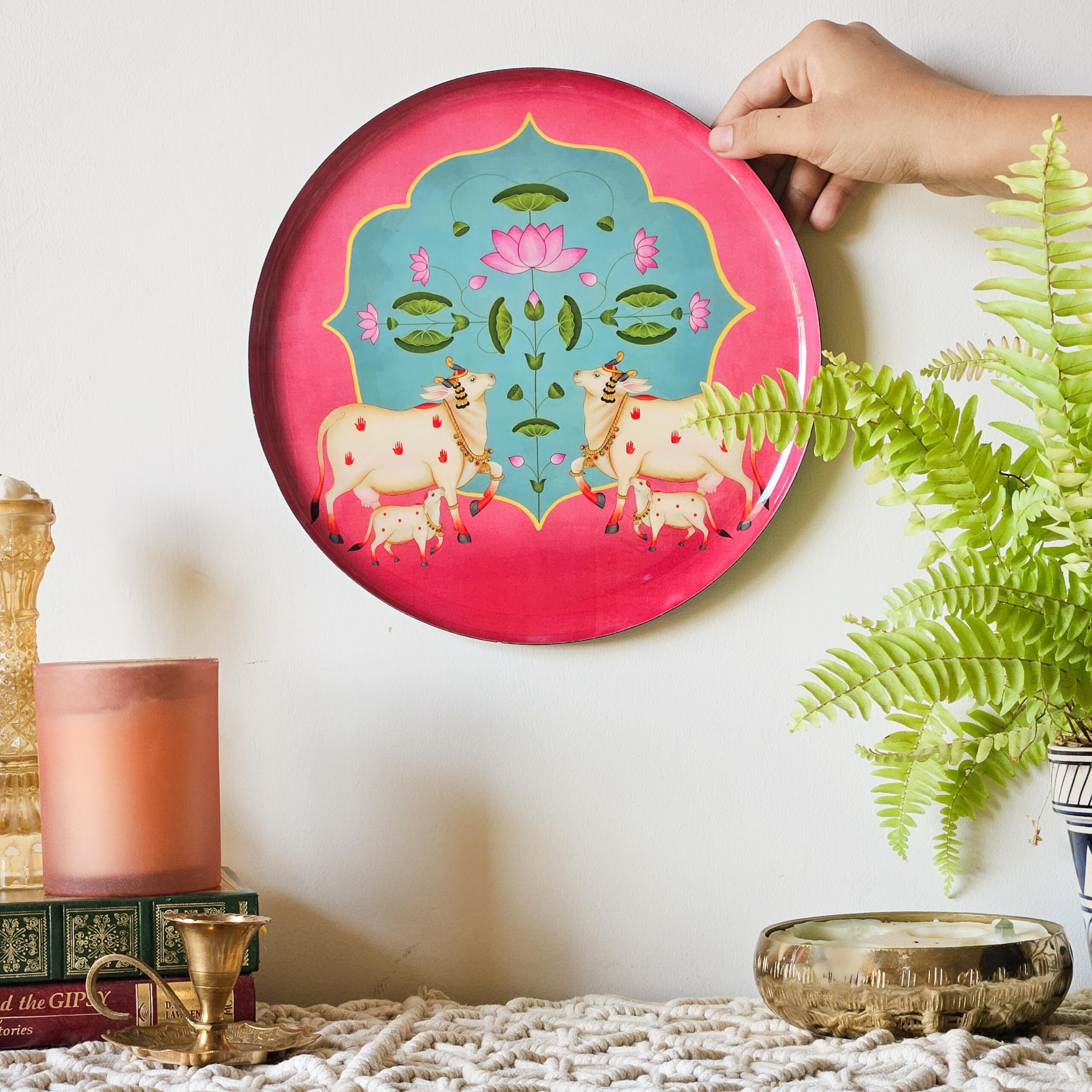 Ritualistic Pichwai Single Wall Plate 10 Inch With Stand | Wall Arts For Home Decoration, Living Room, Bedroom, Office Decor | Aesthetic Room Decor Items | Wall Hanging Show Pieces