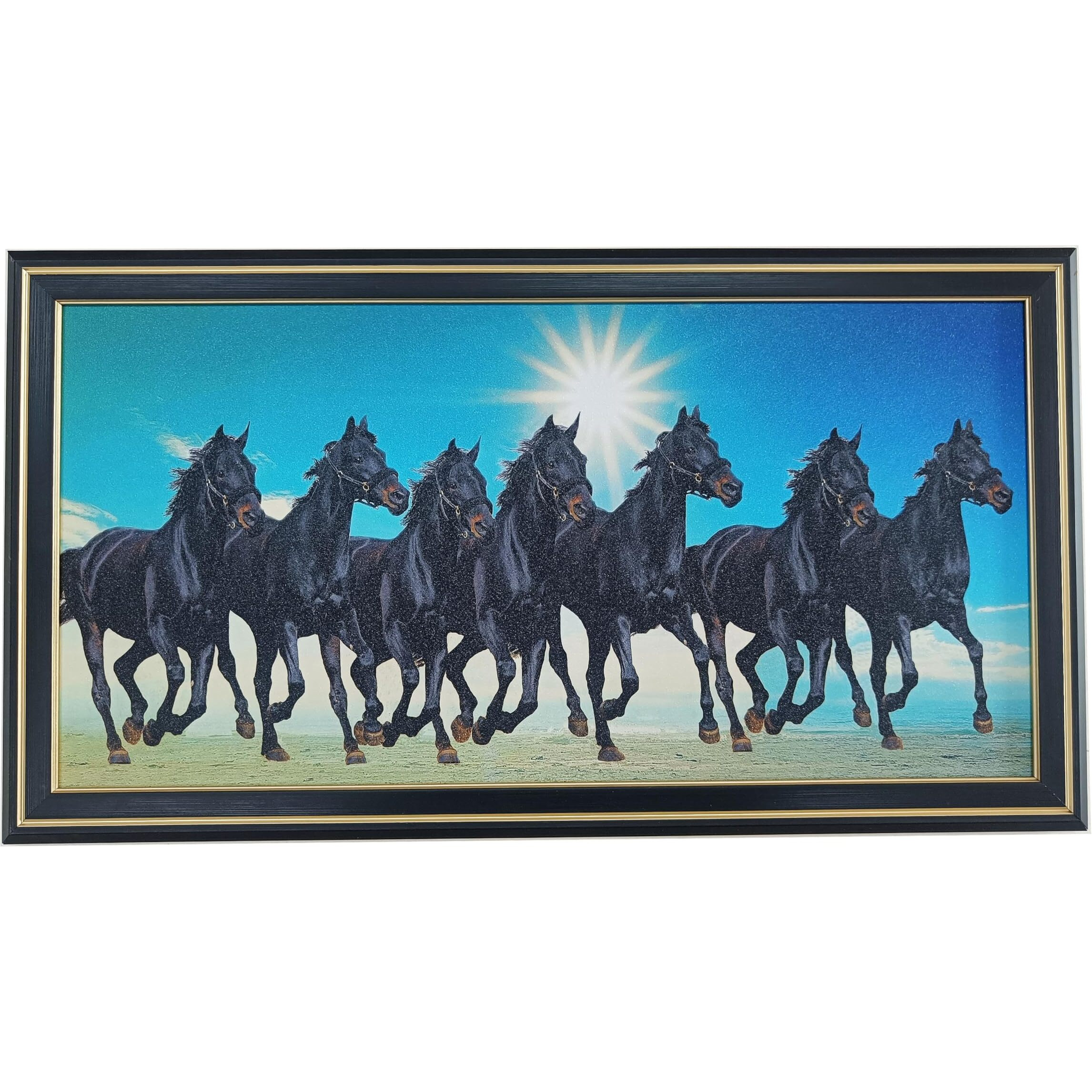 Elegance Vastu 7 Black Running Horses With Sunrise Painting Picture Photo Poster Frame Modern Decorative Wall Art For Living Room Bedroom Office Gifts Painting Size- 19.25 Length X 10.25 Height Inch