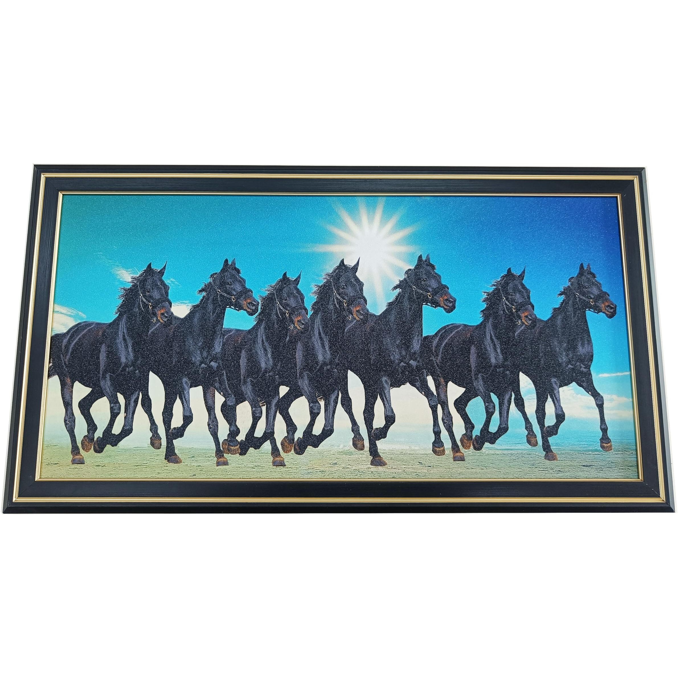 Elegance Vastu 7 Black Running Horses With Sunrise Painting Picture Photo Poster Frame Modern Decorative Wall Art For Living Room Bedroom Office Gifts Painting Size- 19.25 Length X 10.25 Height Inch