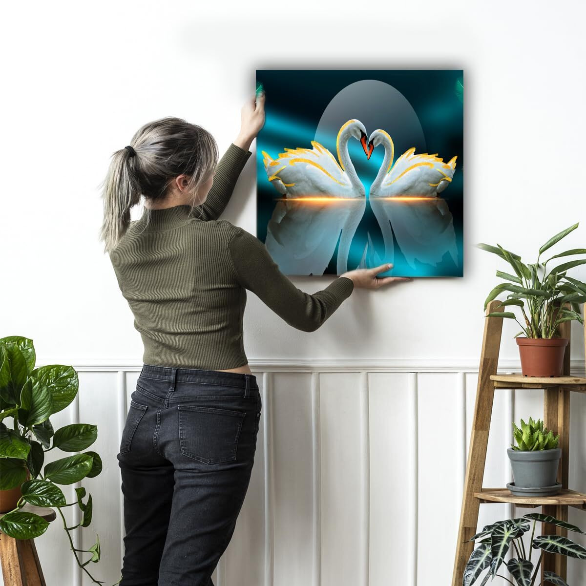 Maxstone 2 White Swan Bird Duck Love Wall Painting Scenery Abstract,For Living Room,Drawing Room, Bedroom, Office, Hotels (Multicolour, 55.88 Cm X 55.88 Cm)