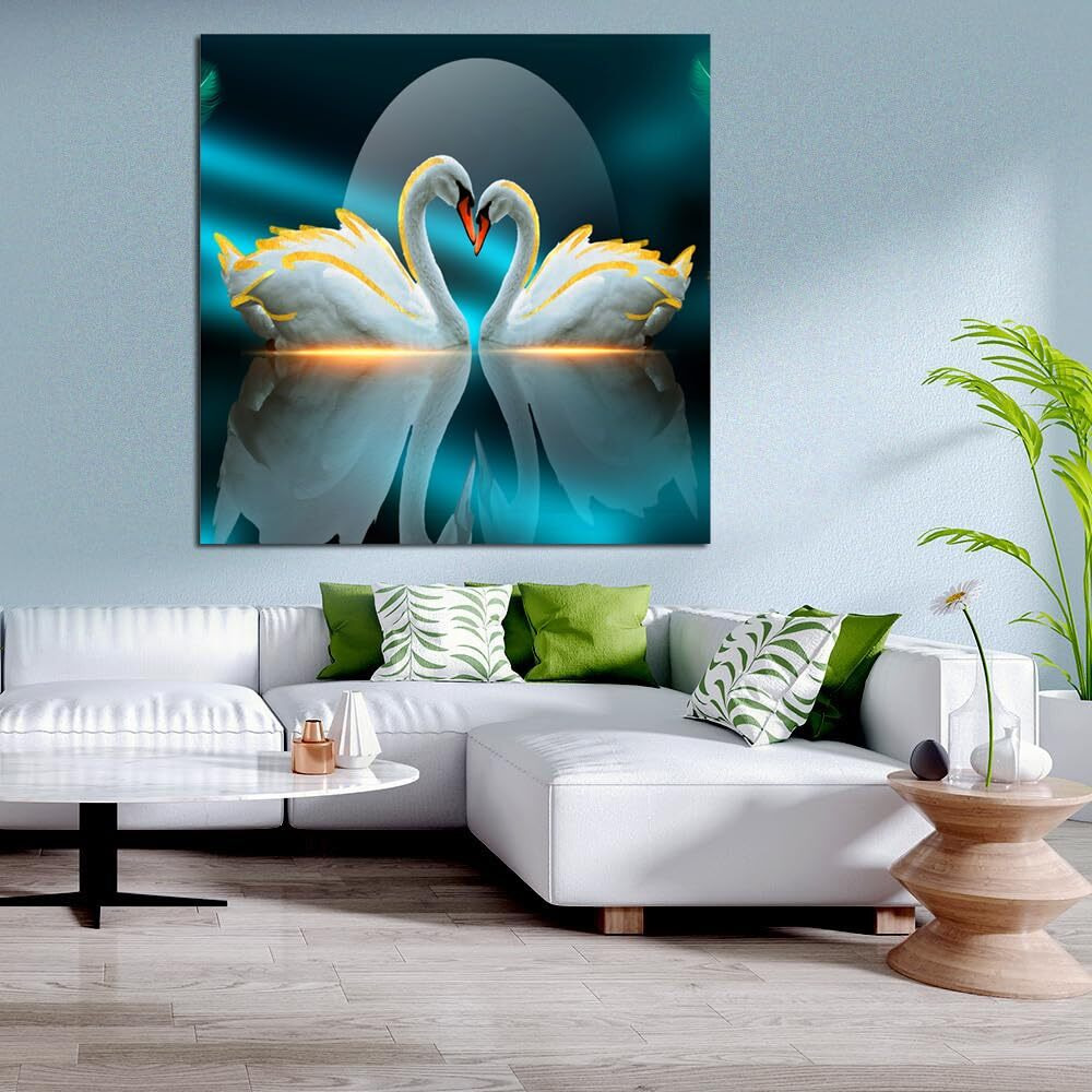 Maxstone 2 White Swan Bird Duck Love Wall Painting Scenery Abstract,For Living Room,Drawing Room, Bedroom, Office, Hotels (Multicolour, 55.88 Cm X 55.88 Cm)