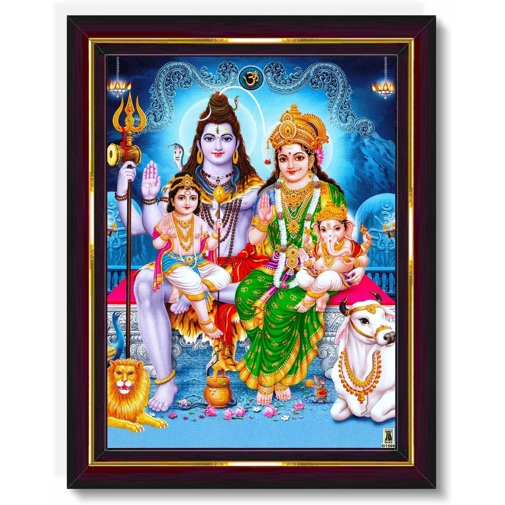 Pavan Photo Laminations Shiv Parivar Family Siva Parvati Lord Shiva Wall Painting Framed Home Decor (Wood,Matte,Brown,Small Size,6 X 8 Inch) B1146S