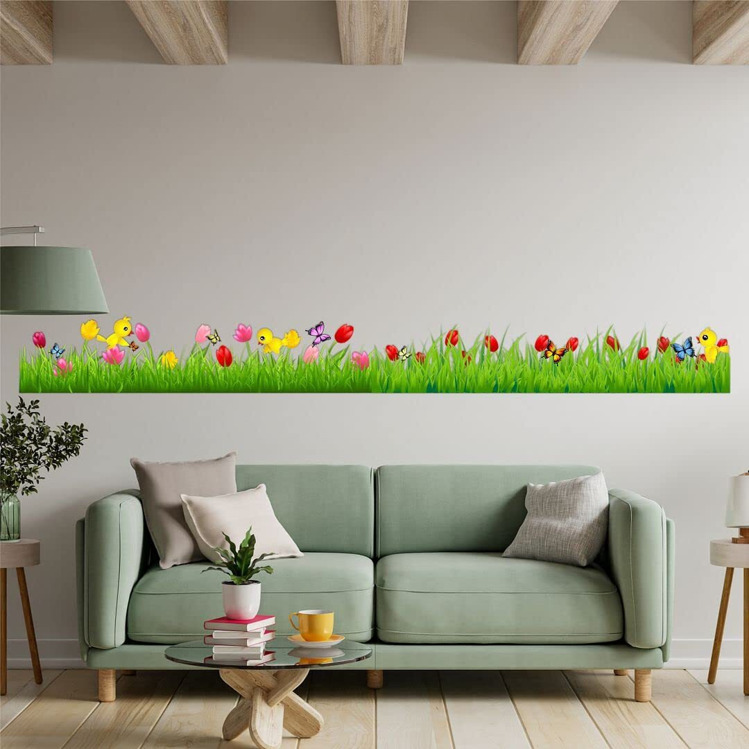 Cvanu Beautiful Colourful Flower Bird Design Green Grass Wall/Border Sticker Spring Flowers Pvc Transparent Vinyl For Home Decoration Size (270X29) Cm_Multicolour