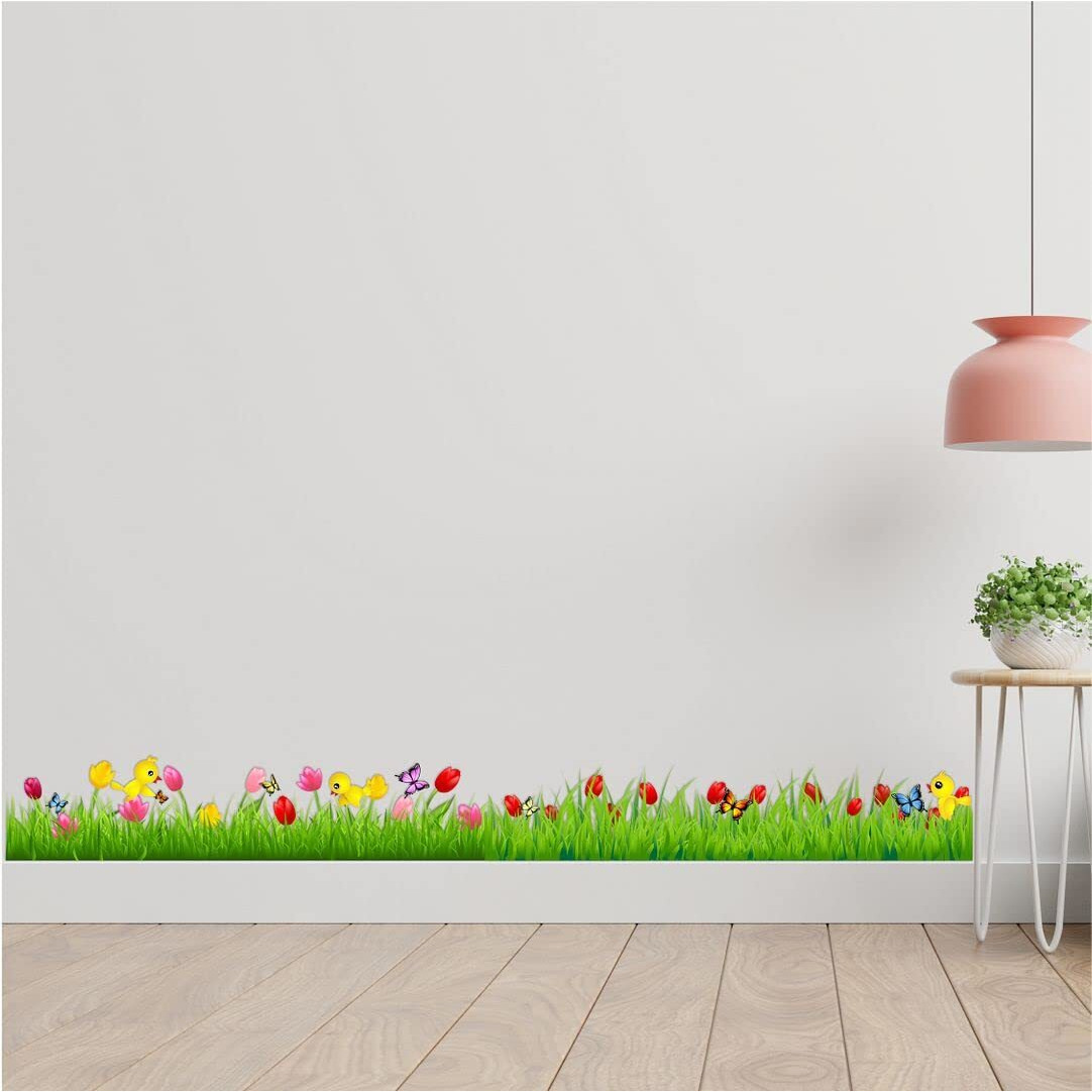 Cvanu Beautiful Colourful Flower Bird Design Green Grass Wall/Border Sticker Spring Flowers Pvc Transparent Vinyl For Home Decoration Size (270X29) Cm_Multicolour