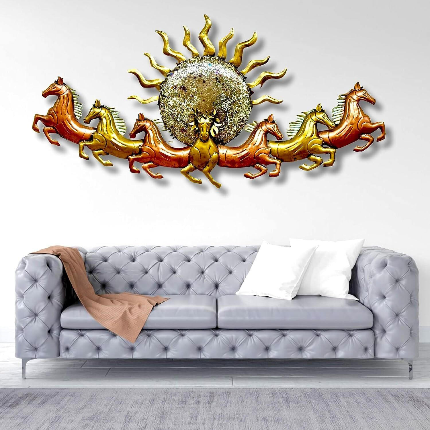 Rsn Metal Wall Art Frame, Wall Hangings For Home Decoration, Wall Sculpture For Living Room, Wall Hanging Decorative Items For Bedroom For 7 Horse (Size 56X28 In)