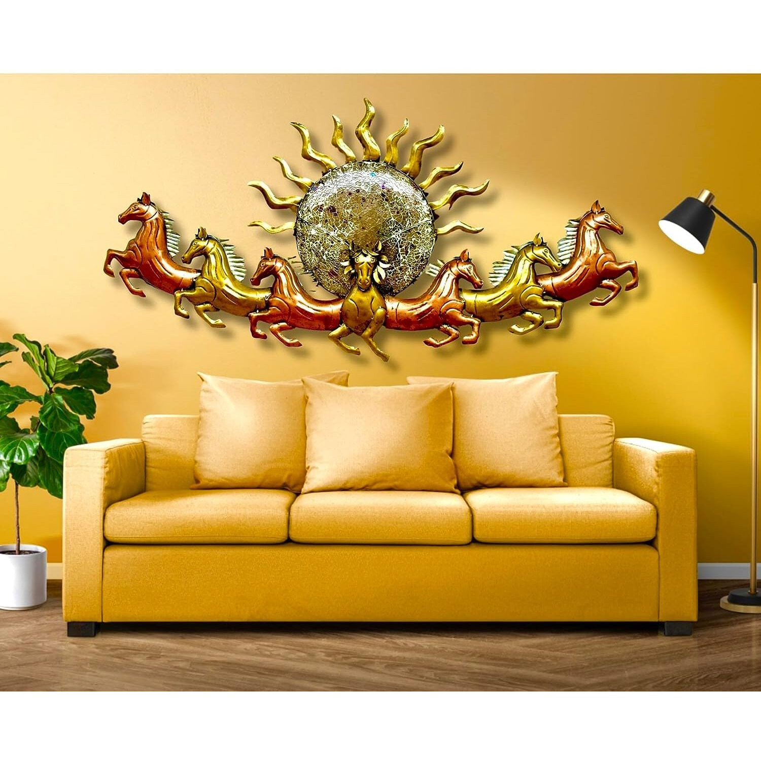 Rsn Metal Wall Art Frame, Wall Hangings For Home Decoration, Wall Sculpture For Living Room, Wall Hanging Decorative Items For Bedroom For 7 Horse (Size 56X28 In)
