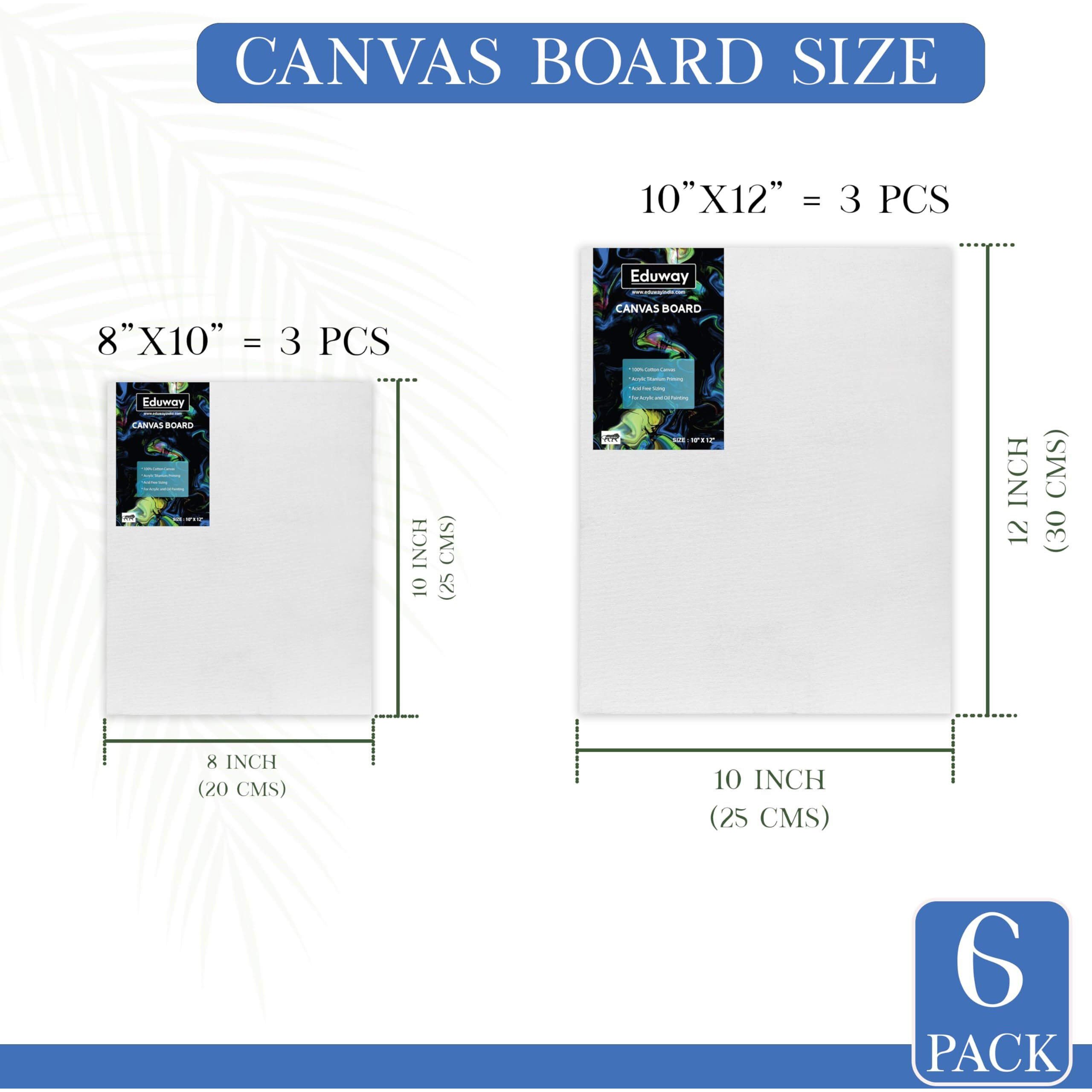 Eduway Canvas Board For Painting- (8X10, 10X12) 3 Pcs Each | Premium Quality 7Oz Pre-Primed Cotton Canvas Board For Artists & Beginners | Ideal For Acrylic, Oil, Gouache, Pastels Colors ( Pack Of 6) (20X25, 25X30 Cms).