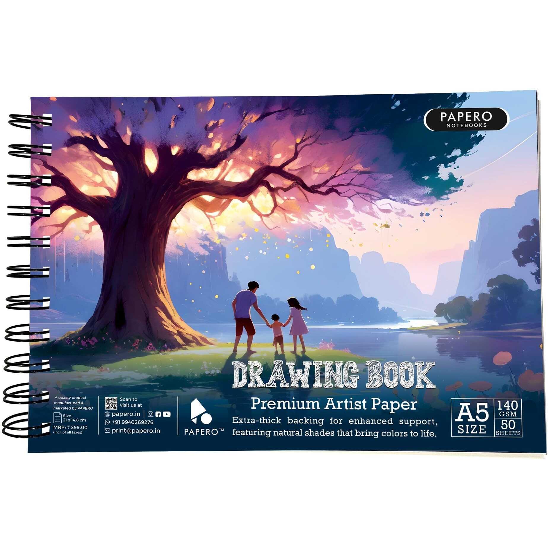 Papero A5 Sketch Book  140 Gsm, 100 Pages/50 Sheets, Metal Wire-O Bound  Ideal For Professional Artists, Architects, Kids, And Adults (21.0 X 14.8 Cm) (Family Tree)