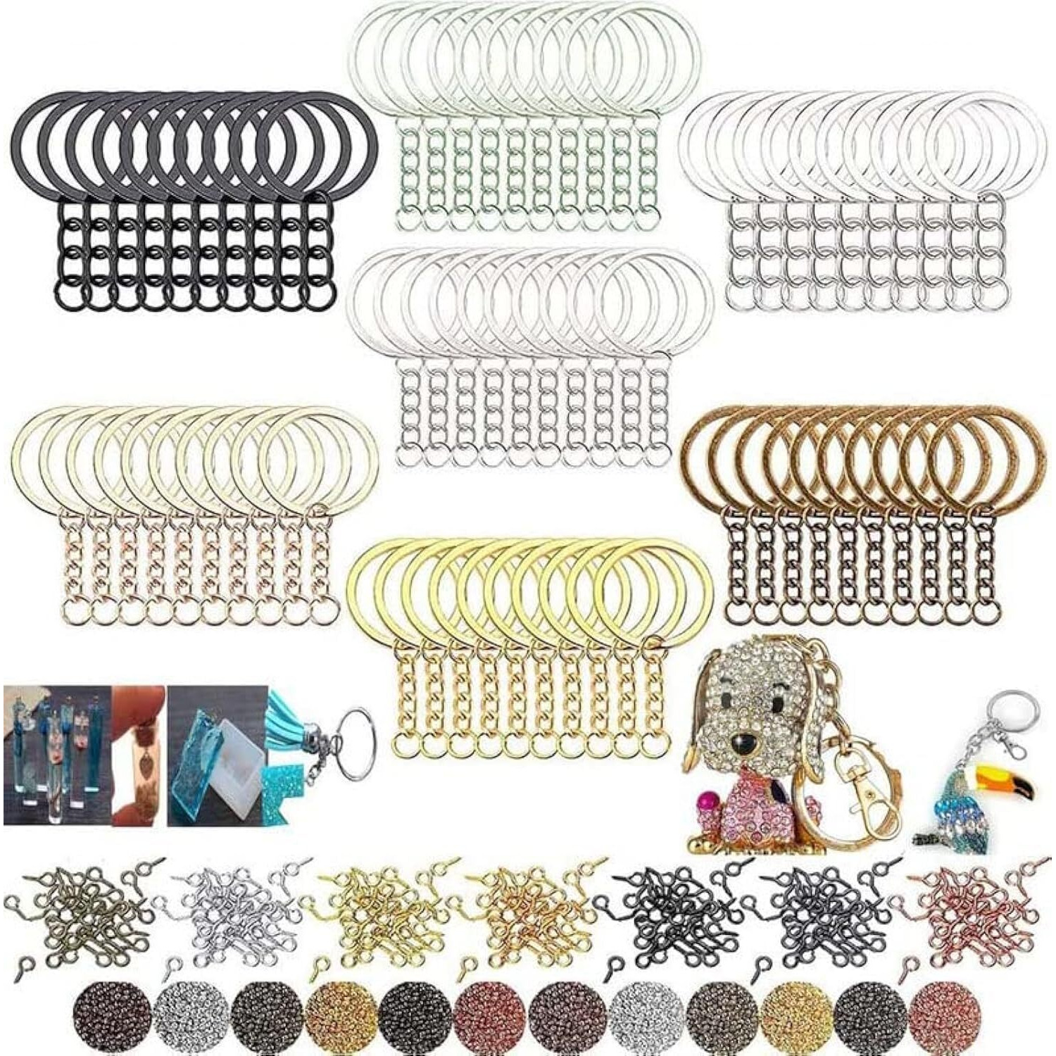 Diy Crafts 30X, Antique Gold, Split Key Ring With Chain Set, Metal Flat Keychain Rings 1 Inch With Open Jump Rings And Screw Eye Pins Bulk, Colors Choice, For R (30X, Antique Gold)