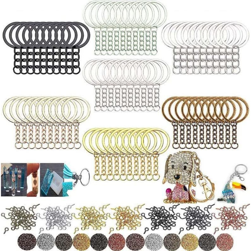 Diy Crafts 30X, Antique Gold, Split Key Ring With Chain Set, Metal Flat Keychain Rings 1 Inch With Open Jump Rings And Screw Eye Pins Bulk, Colors Choice, For R (30X, Antique Gold)