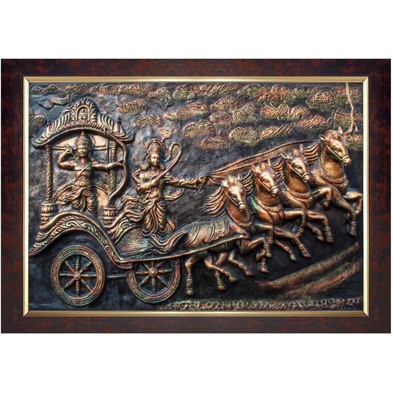 Dharvika Innovations Krishna Arjun Mahabharat Rath Painting Vinyl Sparkle Coated Home Decorative Gift Item With Synthetic Frame 2587 (14X20 Inch) (Design 5, Brown Frame)