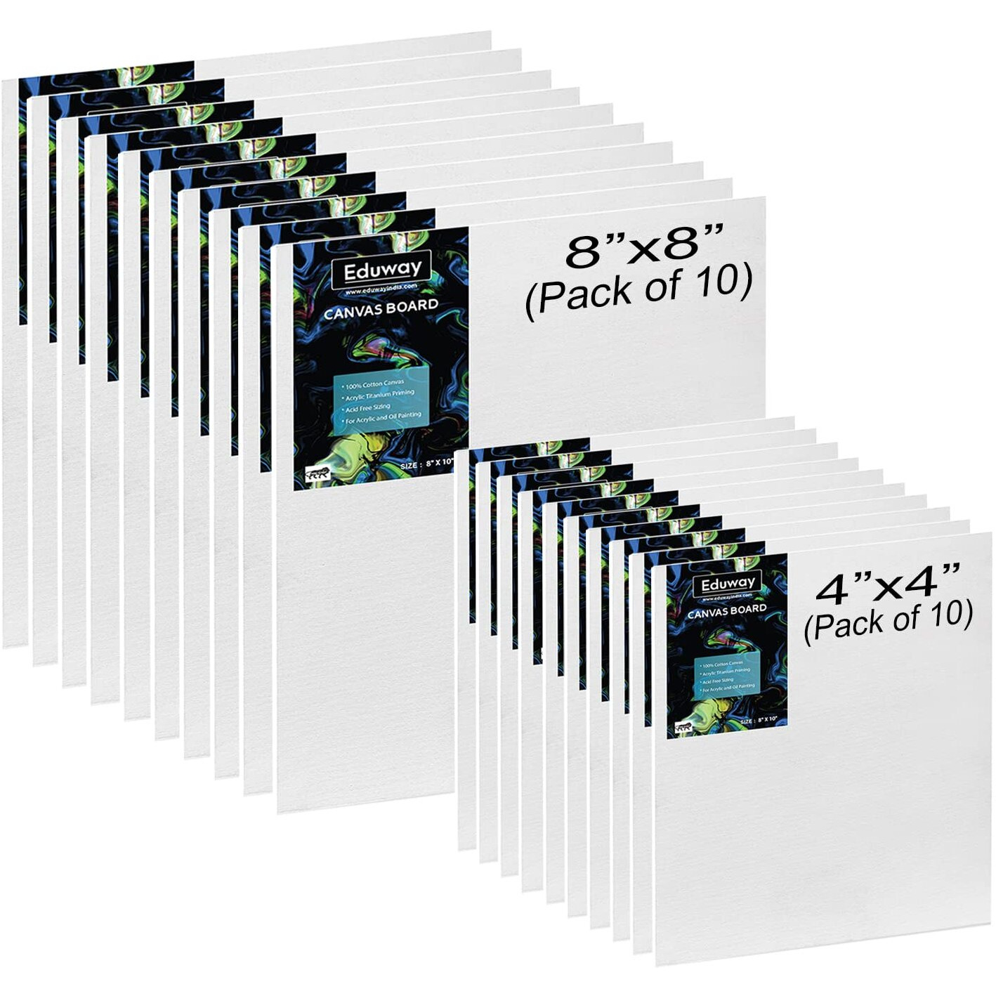 Eduway Canvas Board For Painting- (4&quotX4", 8&quotX8") 10 Pcs Each | Premium Quality 7Oz Pre-Primed Cotton Canvas Board For Artists & Beginners | Ideal For Acrylic, Oil, Gouache, Pastels Colors ( Pack Of 20) (10X10,20X20 Cms).