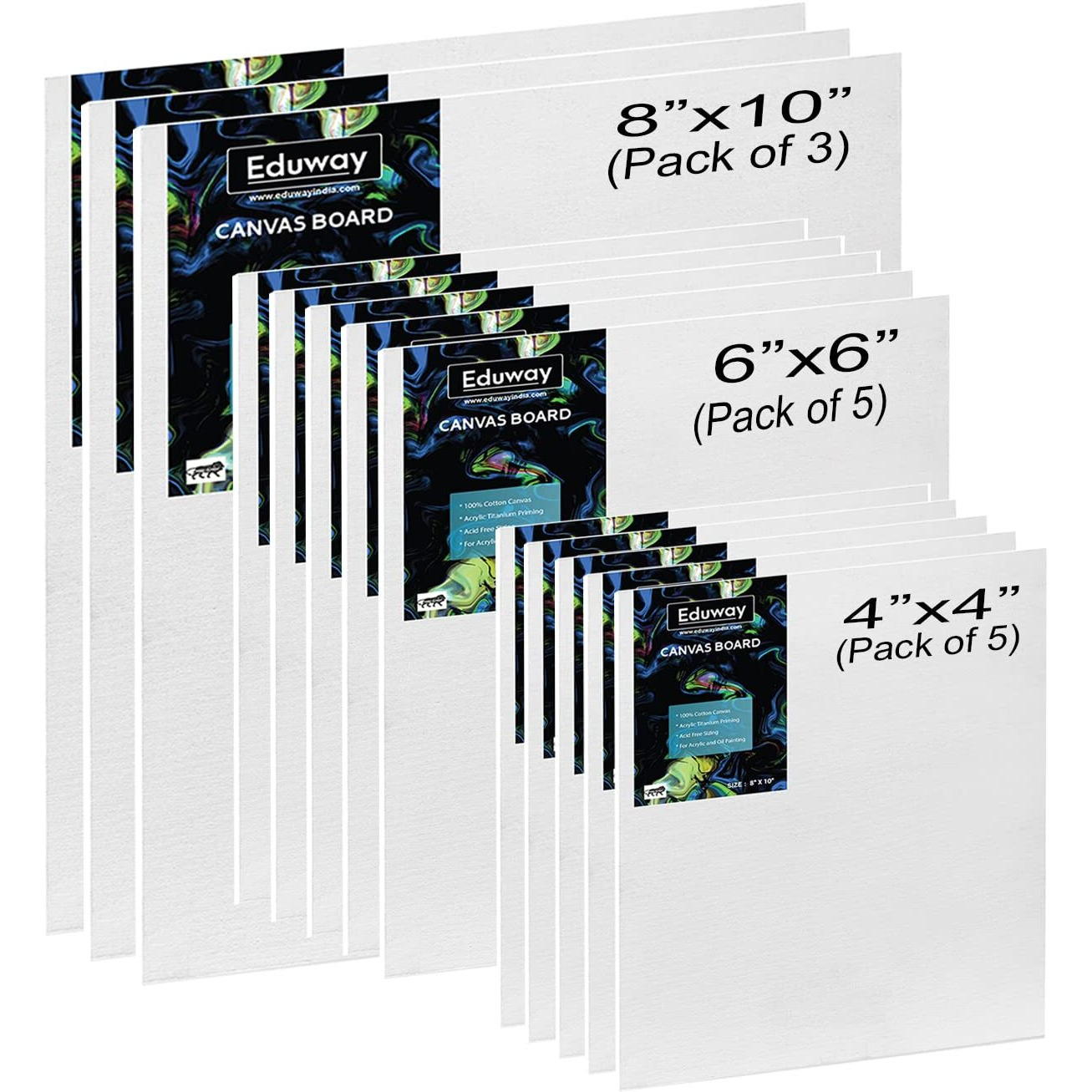 Eduway Canvas Board For Painting- (4&quotX4", 6&quotX6") Each 5,(8&quotX10") Each 3| Premium Quality 7Oz Pre-Primed Cotton Canvas Board For Artists & Beginners | Ideal For Acrylic, Oil, Gouache, Pastels Colors ( Pack Of 13) (10X10, 12X12, 20X25 Cms)