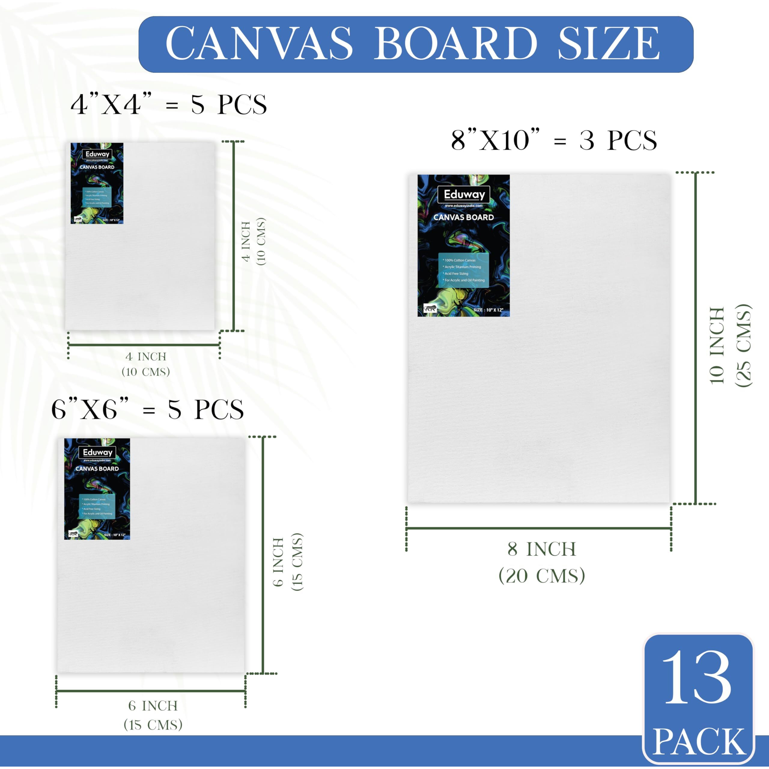 Eduway Canvas Board For Painting- (4&quotX4", 6&quotX6") Each 5,(8&quotX10") Each 3| Premium Quality 7Oz Pre-Primed Cotton Canvas Board For Artists & Beginners | Ideal For Acrylic, Oil, Gouache, Pastels Colors ( Pack Of 13) (10X10, 12X12, 20X25 Cms)