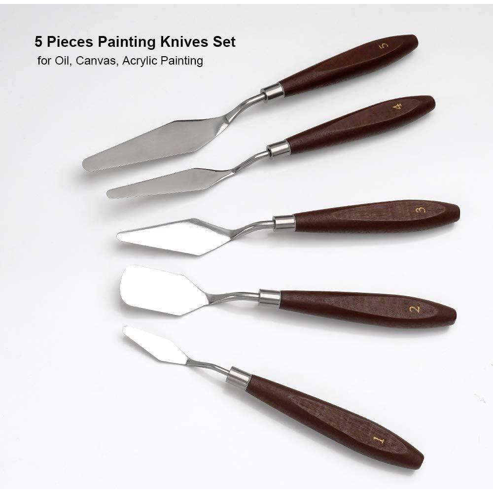 Artbee 5Pcs Palette Knife Painting Stainless Steel Scraper Spatula Wood Handle Art Supplies For Artist Canvas Oil Paint Color Mixing