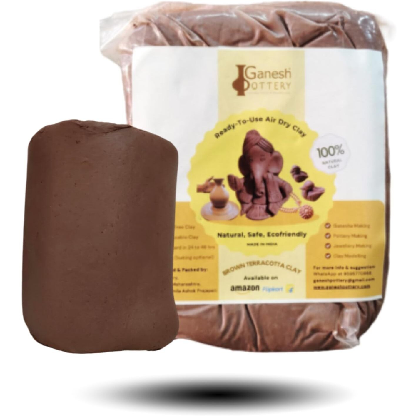 Ganesh Pottery Premium Earthen Terracotta Clay Dough Ready To Use For Home Made Organic Eco-Friendly Ganesha Making| Nontoxic Natural For Kids Adults Sculpture & Modeling At School (500Gm, Brown)