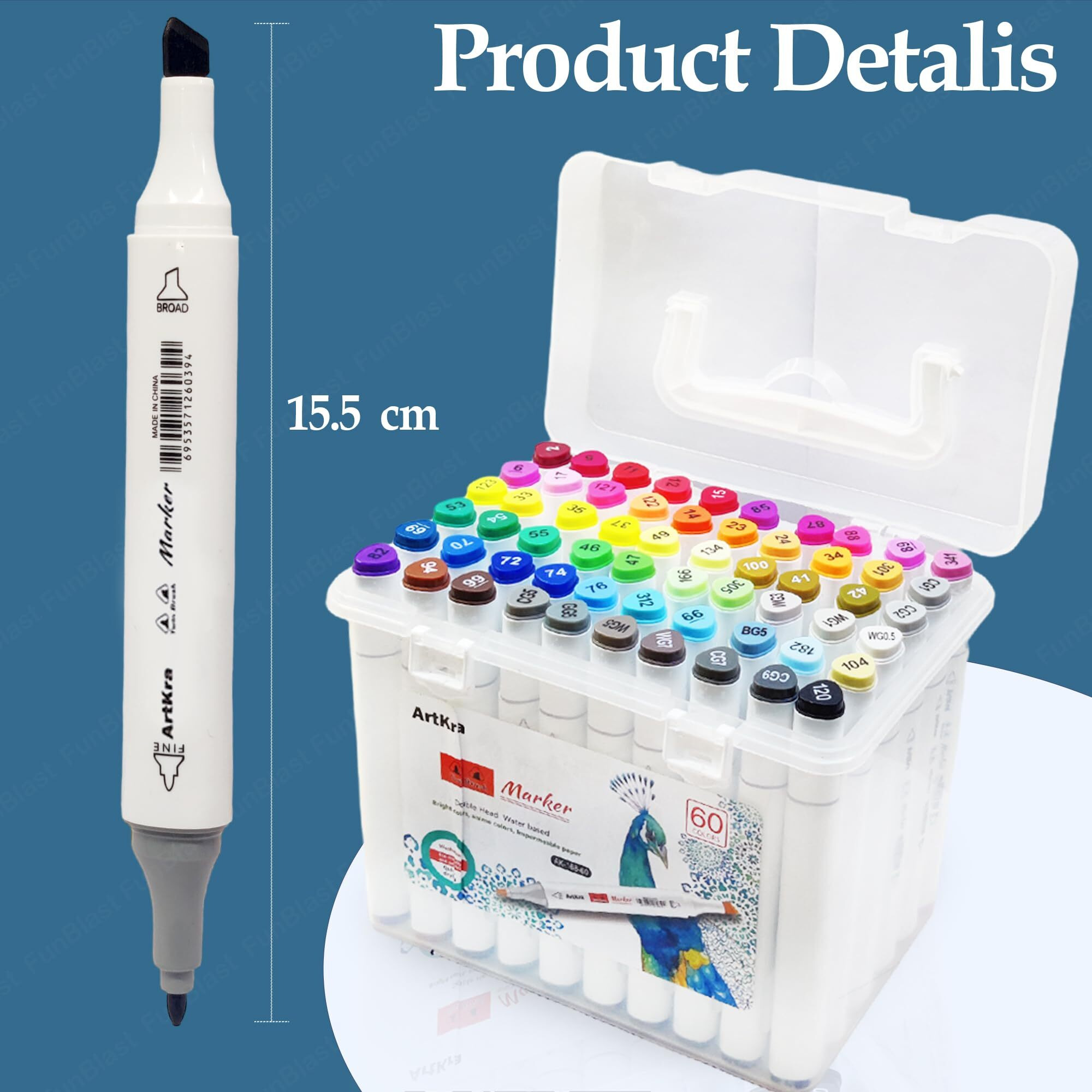 Funblast Color Markers Twin Tip - Double Tip Markers For Artist, Sketch Alcohol Markers Set, Drawing Colour Markers For Kids, Marker For White Board (60)