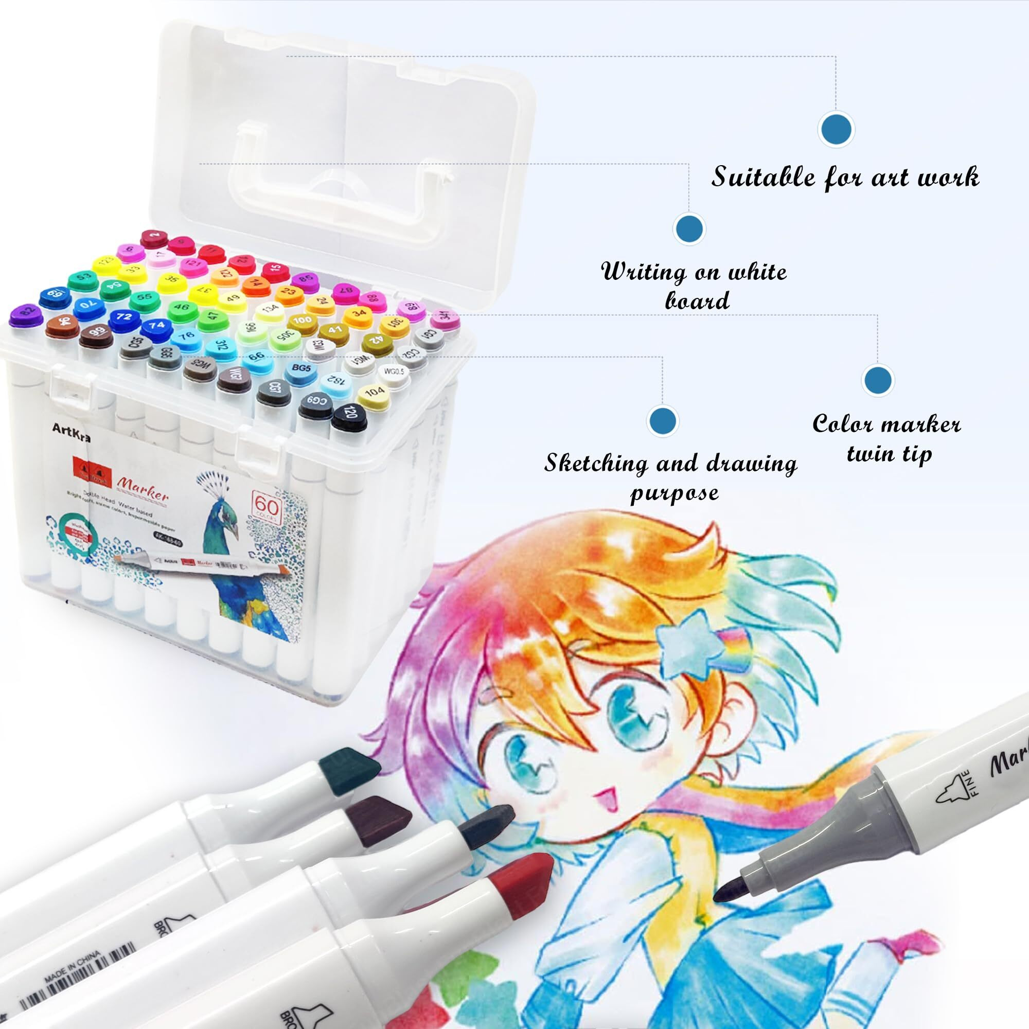Funblast Color Markers Twin Tip - Double Tip Markers For Artist, Sketch Alcohol Markers Set, Drawing Colour Markers For Kids, Marker For White Board (60)