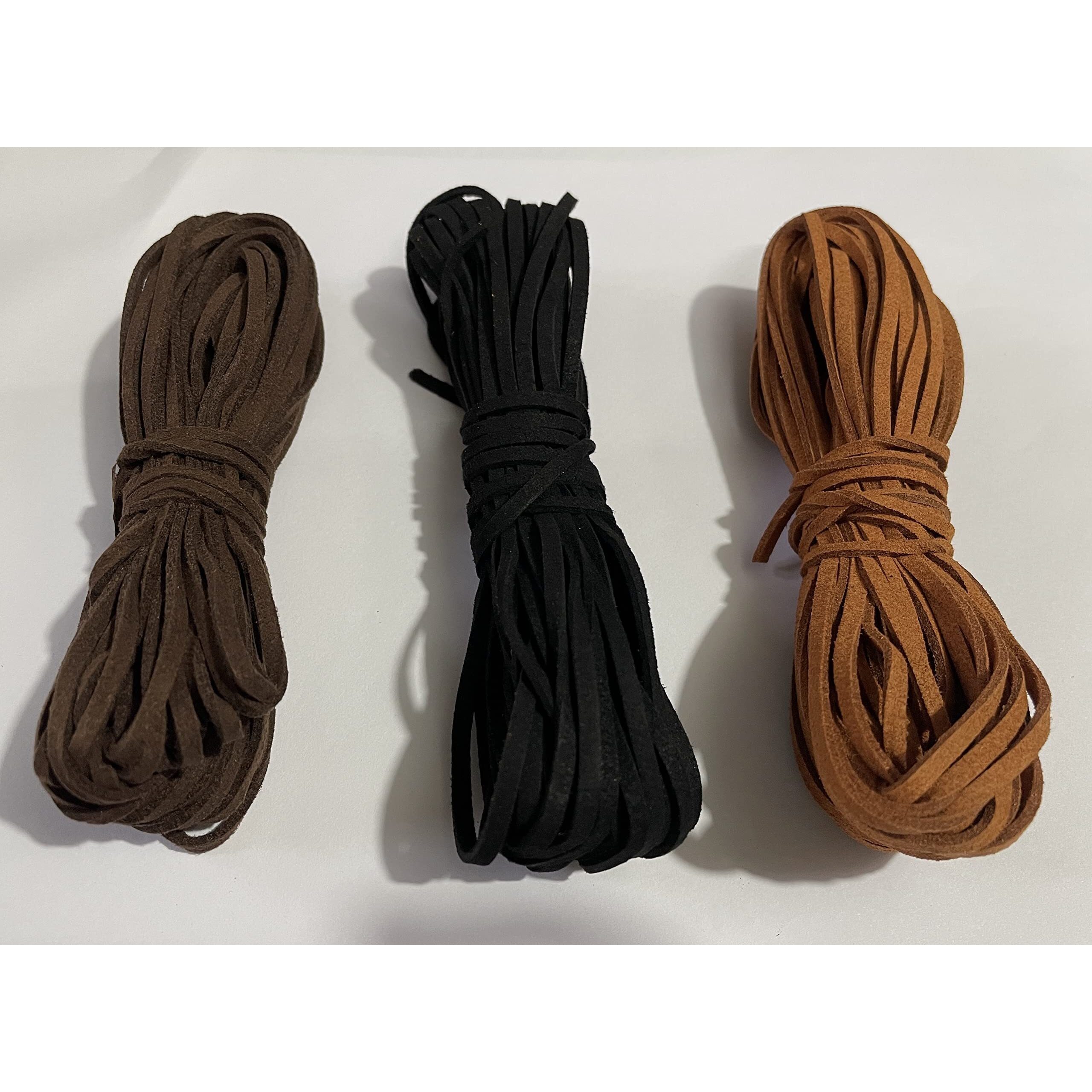 Omx Flat Leather Lace Beading Thread Faux Suede Cord String | Diy Beading Jewellery Making Arts Crafts (5Mtr Each Colour - Total 15 Mtr, Dark Coffee, Black, Light Brown)