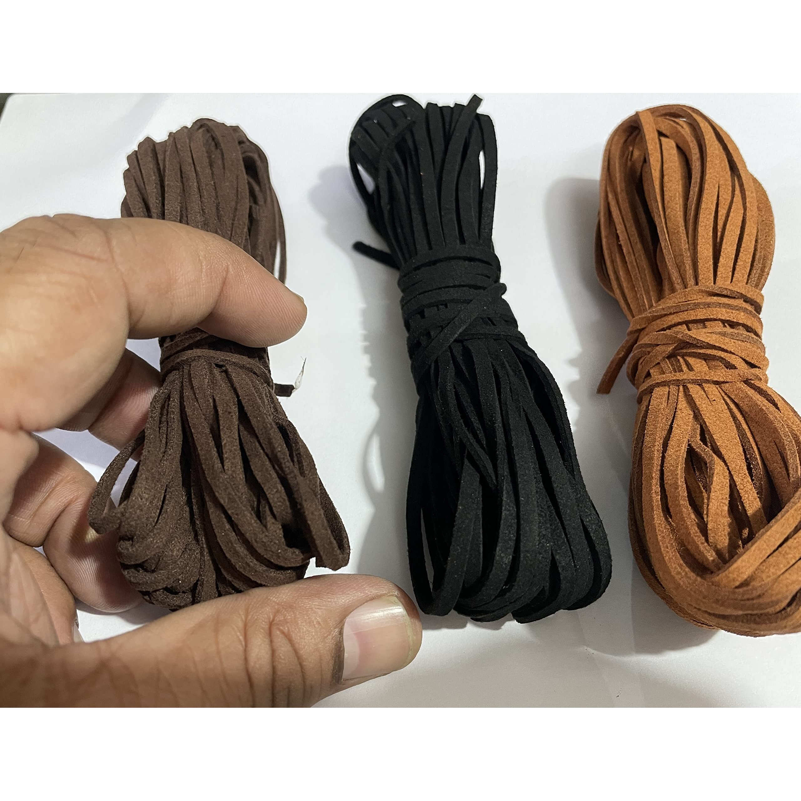 Omx Flat Leather Lace Beading Thread Faux Suede Cord String | Diy Beading Jewellery Making Arts Crafts (5Mtr Each Colour - Total 15 Mtr, Dark Coffee, Black, Light Brown)