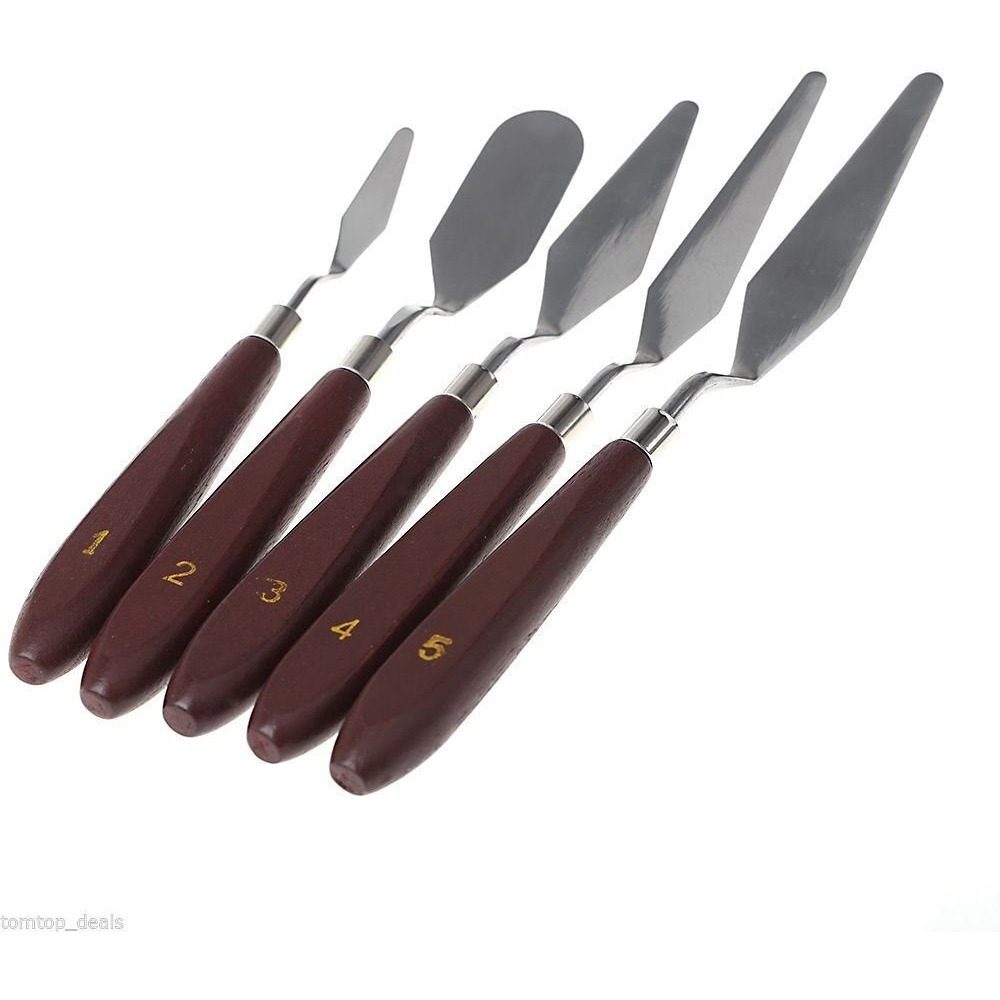 Chrome Set Of 5 Painting Knives Of Various Sizes & Shapes