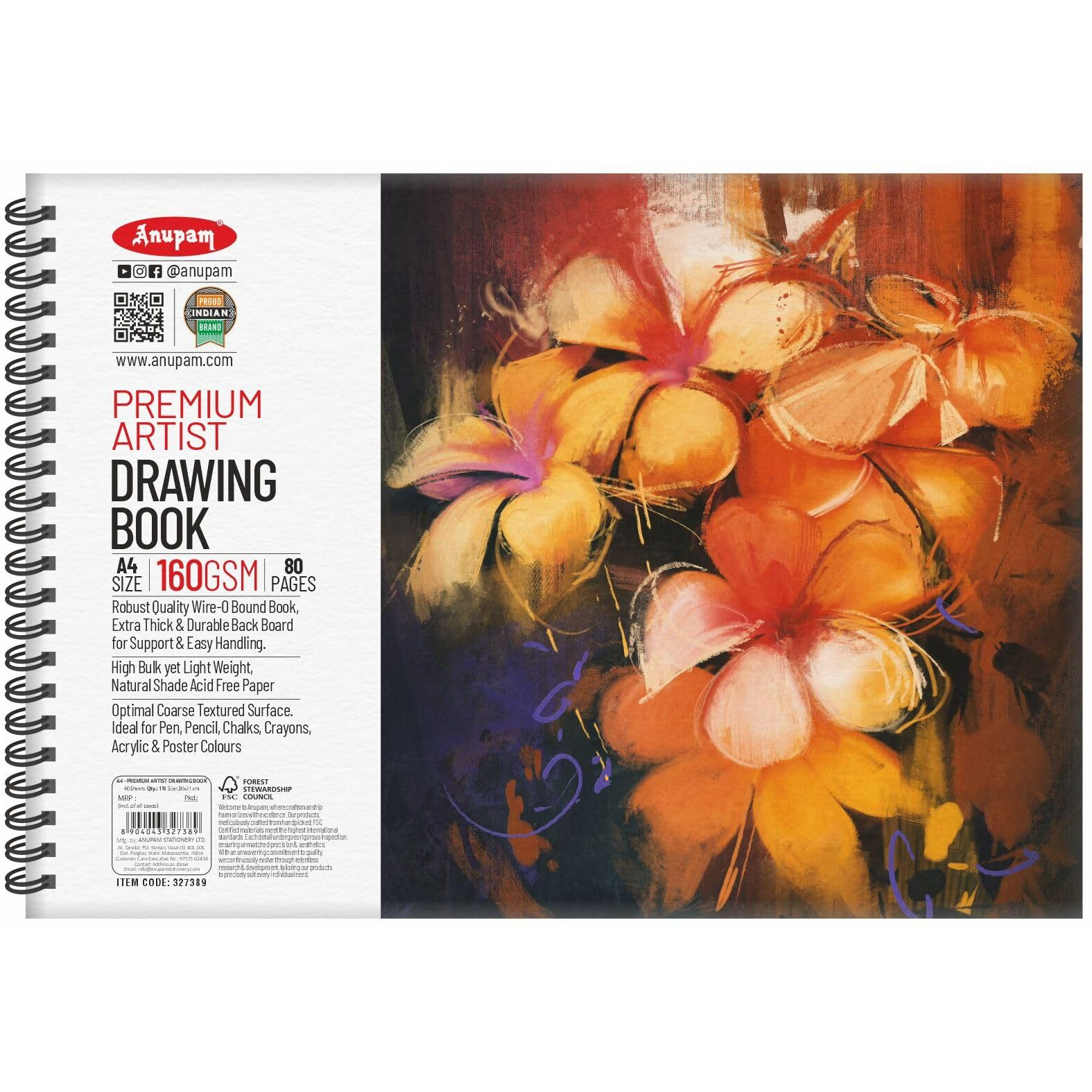 Anupam Premium Artist Drawing Book A4 | Acid-Free Natural Shade Paper | Cartridge Paper | 40 Sheet, 80 Pages | 140Gsm Wireo Book | Ideal For Drawing, Sketching, Design & Architecture